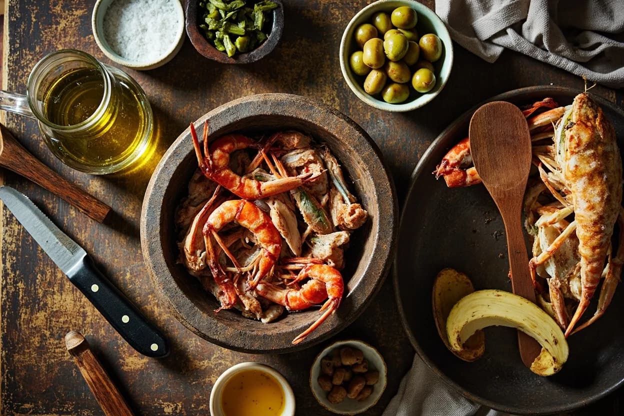 Mise en place for Veracruzana: the staple ingredients and key tools of the tradition laid out on the cook's board.