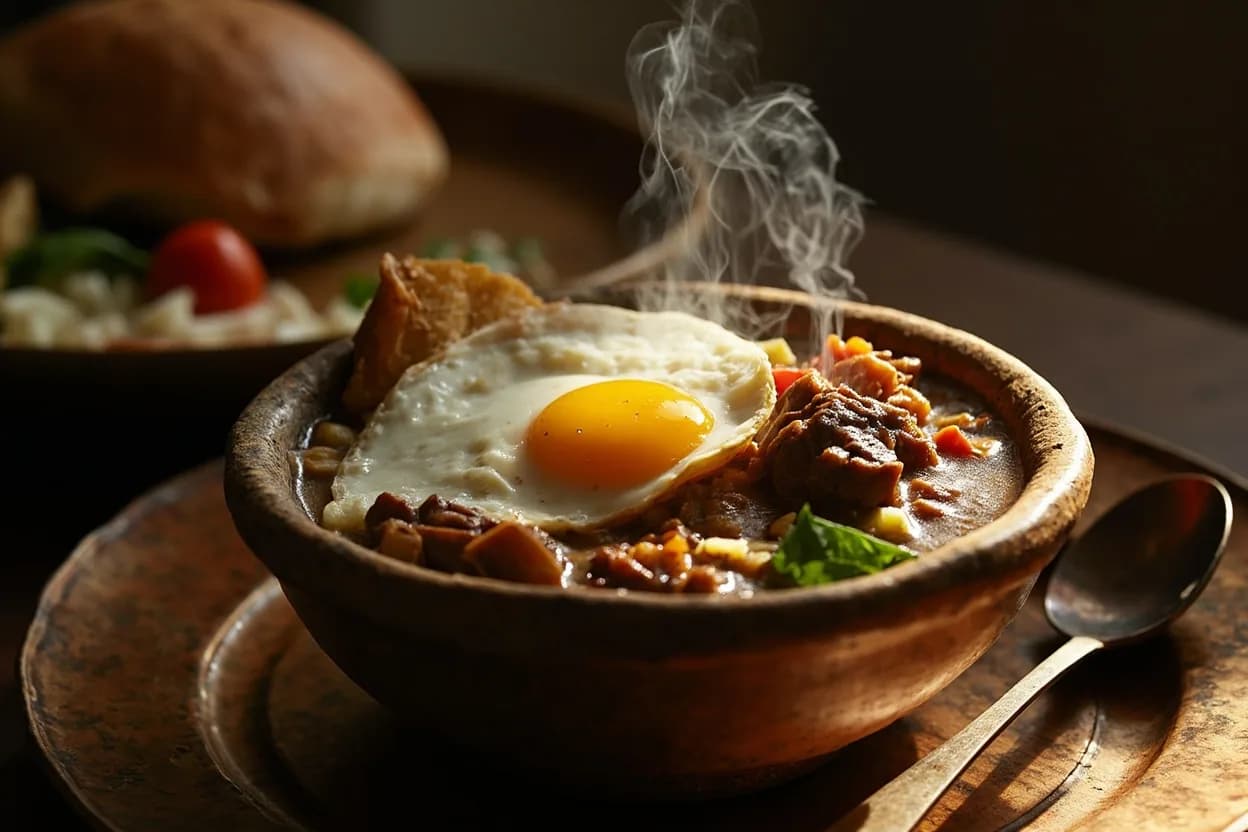 Saltah (national stew: meat broth base, hulba froth, egg, vegetables — served in a stone mortar) — a signature plate from Yemeni cuisine, prepared in the regional style.