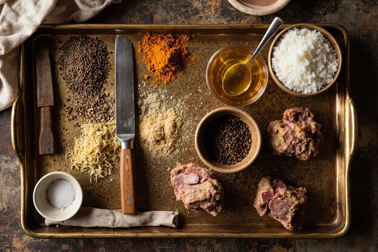 Mise en place for Yemeni: the staple ingredients and key tools of the tradition laid out on the cook's board.