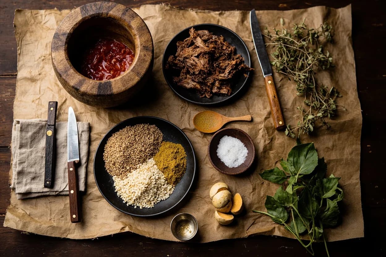 Mise en place for Yoruba (Southwest Nigerian): the staple ingredients and key tools of the tradition laid out on the cook's board.
