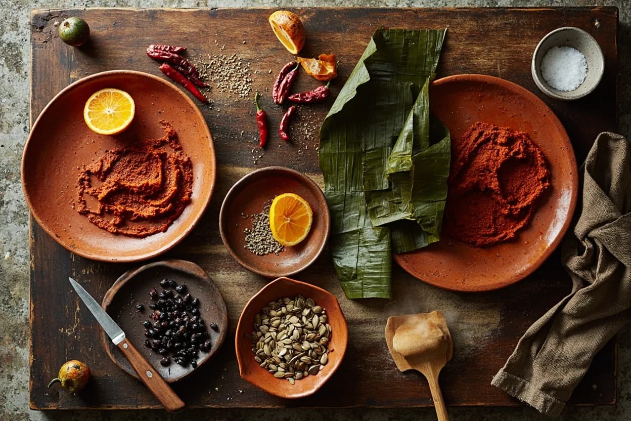 Mise en place for Yucatecan: the staple ingredients and key tools of the tradition laid out on the cook's board.
