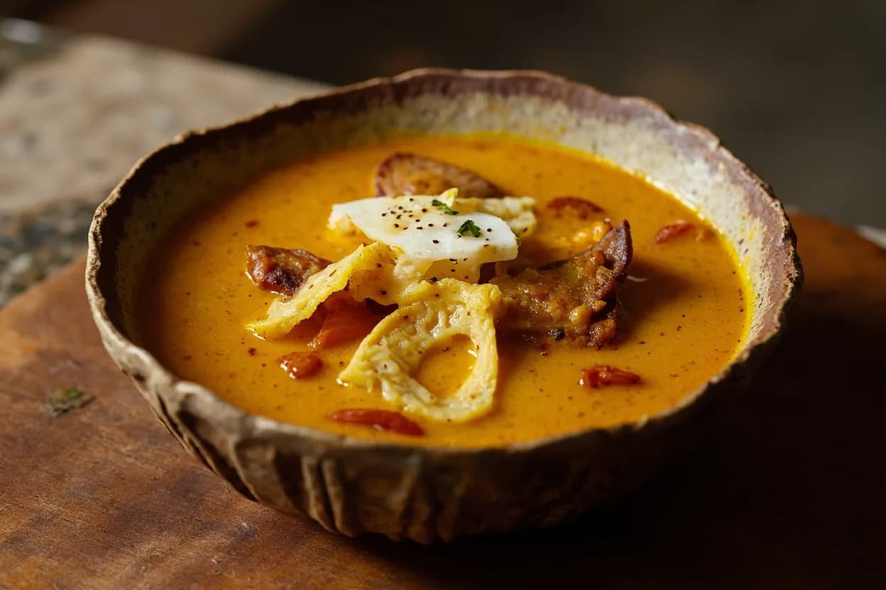 Urojo (Zanzibar mix soup — turmeric broth with bhajia, cassava chips, hard egg, coconut chutney, tamarind) — a signature plate from Zanzibar Swahili cuisine, prepared in the regional style.