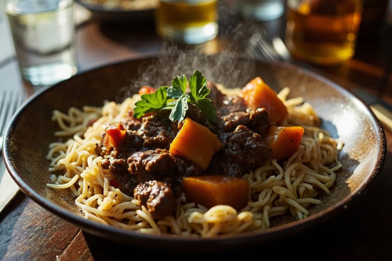 sadza ne nyama (sadza with beef stew) — a signature plate from Zimbabwean & Zambian cuisine, prepared in the regional style.