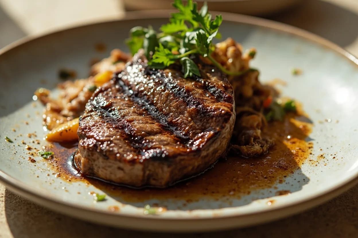Beef Loin — Strip, Tenderloin, T-Bone & Porterhouse prepared the canonical way — Bistecca alla fiorentina (Tuscan bone-in T-bone/porterhouse). Strip steak: dry-brine 1–24 hours in refrigerator, uncovered. Sear in cast iron at highest possible heat, 2–3 minutes per side. Baste with butter, garlic, and thyme. Rest 5 minutes. Slice against the grain. Target 130°F (54°C) internal for medium-rare.