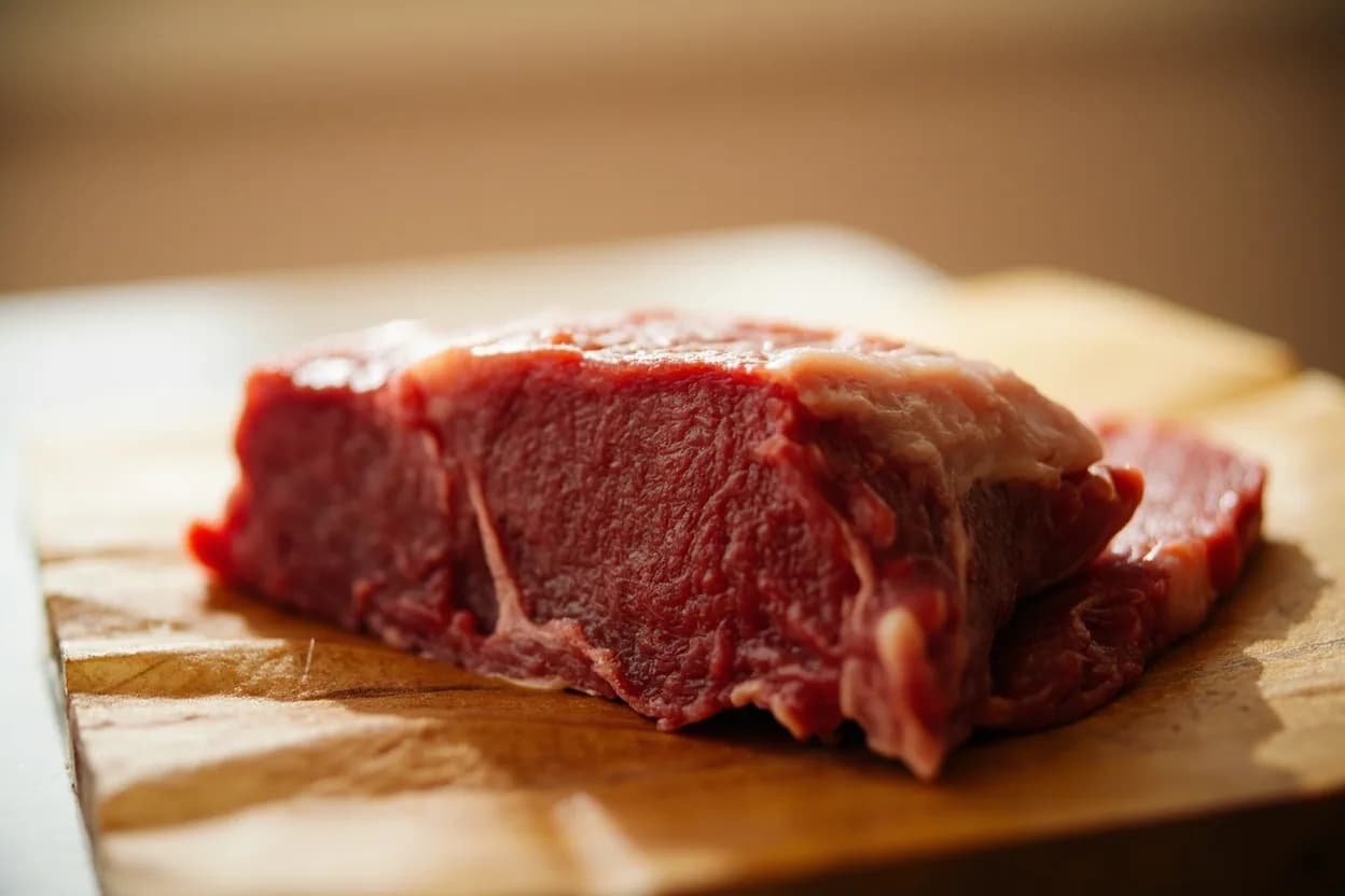 Beef Loin — Strip, Tenderloin, T-Bone & Porterhouse in its raw whole-cut form on a butcher's board — The beef loin encompasses two adjacent primals that are often handled together: the short loin (from rib 13 to the hip, roughly 7–8 vertebrae) and the sirloin (from the hip joint to the round). Identifying traits: Contains the two most tender muscles on the entire carcass (tenderloin and strip loin), T-bone and porterhouse are composite cuts: one bone, two muscles, two textures in a single steak, The tenderloin is the leanest premium steak — buttery texture comes from fine muscle fiber, not fat.
