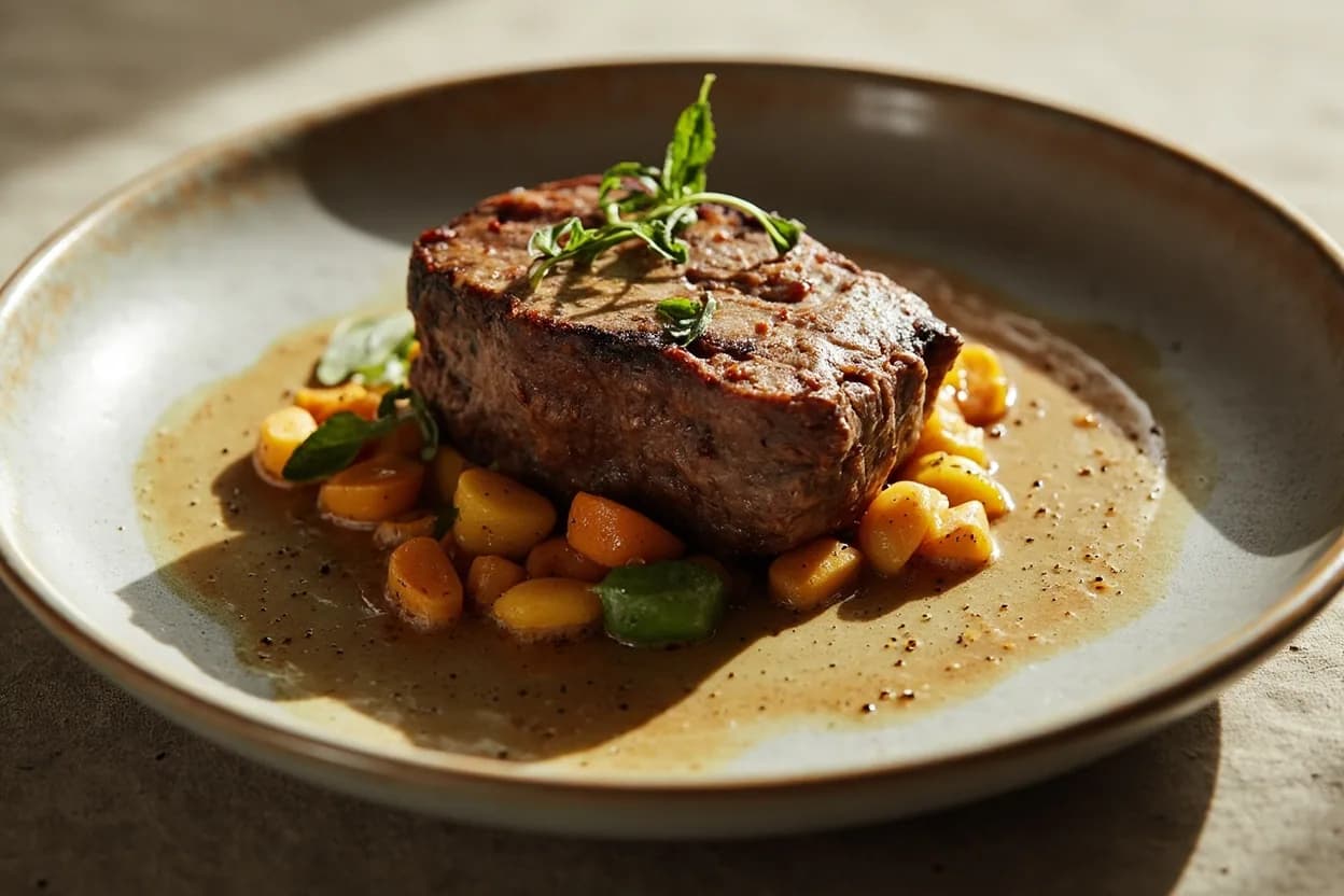 Beef Primal Cuts (French) prepared the canonical way — Entrecôte Bordelaise. ENTRECÔTE (≈ ribeye): season, rest at room temperature 30 min, sear in clarified butter over high heat 2–3 min per side for saignant (medium-rare); rest 5 min.