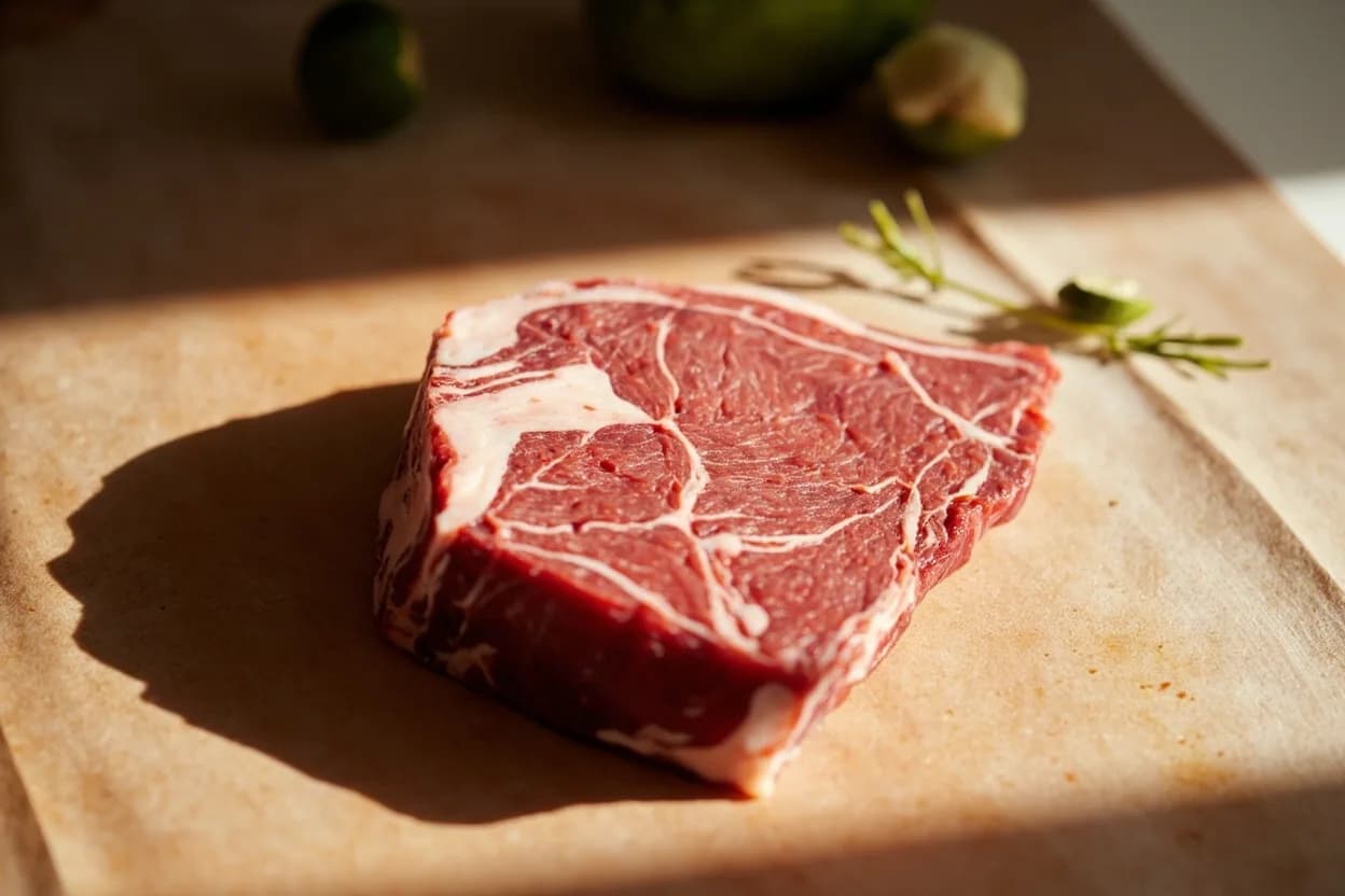 Bresaola Source Cut (Eye of Round) in its raw whole-cut form on a butcher's board — The eye of round (M. Identifying traits: Highly uniform cylindrical shape (7–12 cm diameter) facilitates even salt penetration during curing, Long, parallel muscle fibers produce clean, tight slices when cut perpendicular to the grain after curing, Near absence of intramuscular fat gives cured bresaola its characteristic deep ruby color and concentrated beefy flavor.