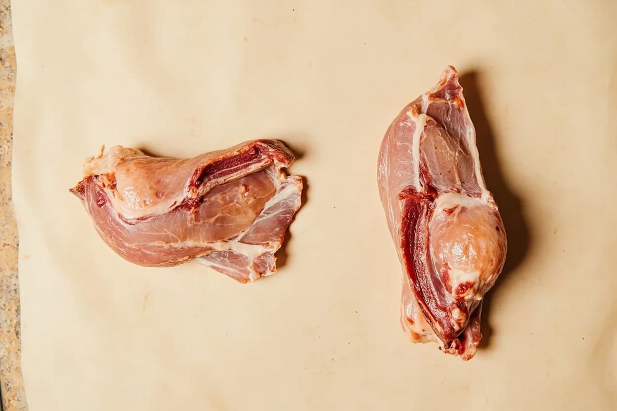 Where the chicken thigh — bone-in vs. boneless lives on the source. The hip-to-knee leg segment of the chicken: biceps femoris (primary muscle), semimembranosus, and semitendinosus surrounding the femur (thigh bone).