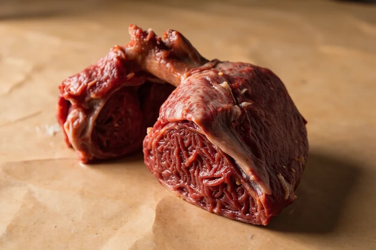 Where the corazón de res (beef heart for anticuchos) lives on the source. The whole bovine heart: four chambers (two atria, two ventricles) separated by the interventricular septum.