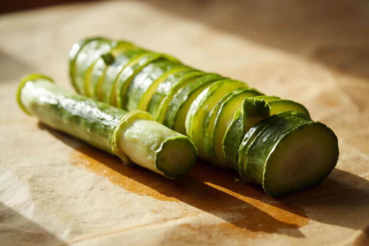 Cucumber Score-and-Press Cut for Quick Pickles in its raw whole-cut form on a butcher's board — A two-step produce preparation: the cucumber is first scored with one or more lengthwise incisions (typically quarter to half depth), then struck firmly with the flat side of a cleaver or chef's knif… Identifying traits: Jagged fractured edges present vastly more surface area to brine than a knife-smooth slice, Salt draws moisture out rapidly through the broken cell structure, collapsing the cucumber slightly and intensifying its flavor, Irregular shards hold sauce, oil, and aromatics in crevices rather than letting them pool beneath uniform slices.