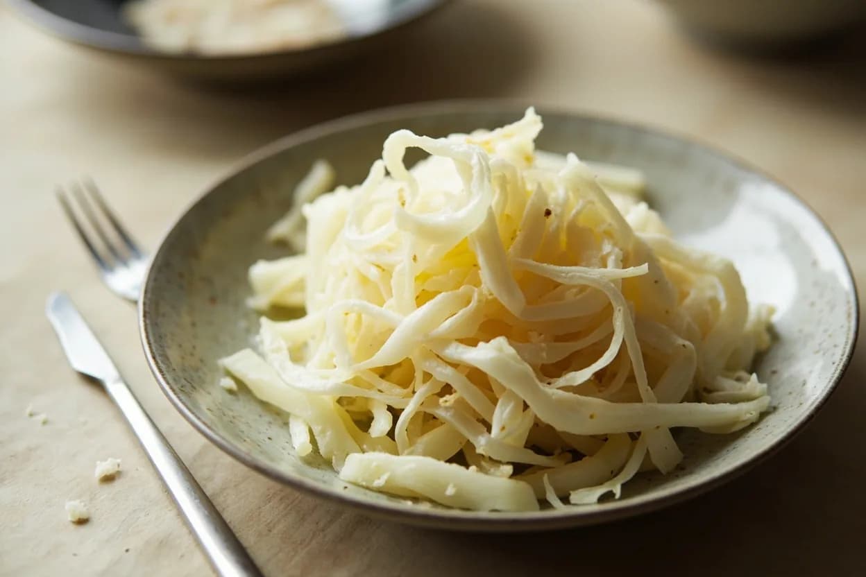 Daikon Julienne for Tsukemono prepared the canonical way — Takuan (yellow pickled daikon). Select a firm, heavy daikon without hollow core (tap it — dull thud indicates pith).