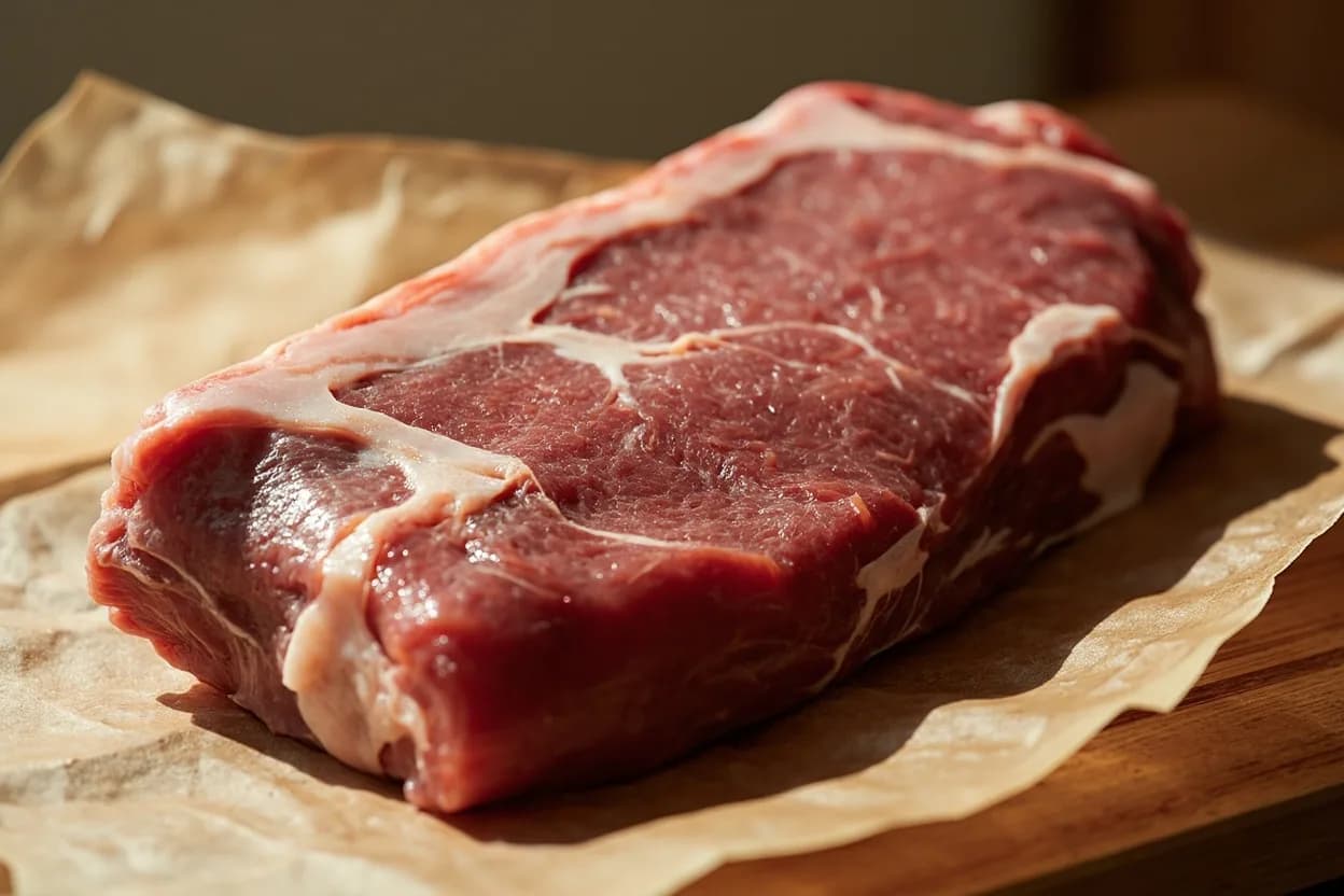 Deungsim (Korean Sirloin Primal) in its raw whole-cut form on a butcher's board — Deungsim (등심, literally 'back-heart' or 'dorsal center') is Korea's canonical loin primal covering the longissimus dorsi from roughly the fifth rib through the sirloin, encompassing what Western butc… Identifying traits: Unified rib-to-loin primal in Korean butchery; not subdivided into ribeye and strip, External fat cap of 1–2 cm, trimmed to preference or left intact for basting, Fine-grained longissimus dorsi muscle with minimal connective tissue.