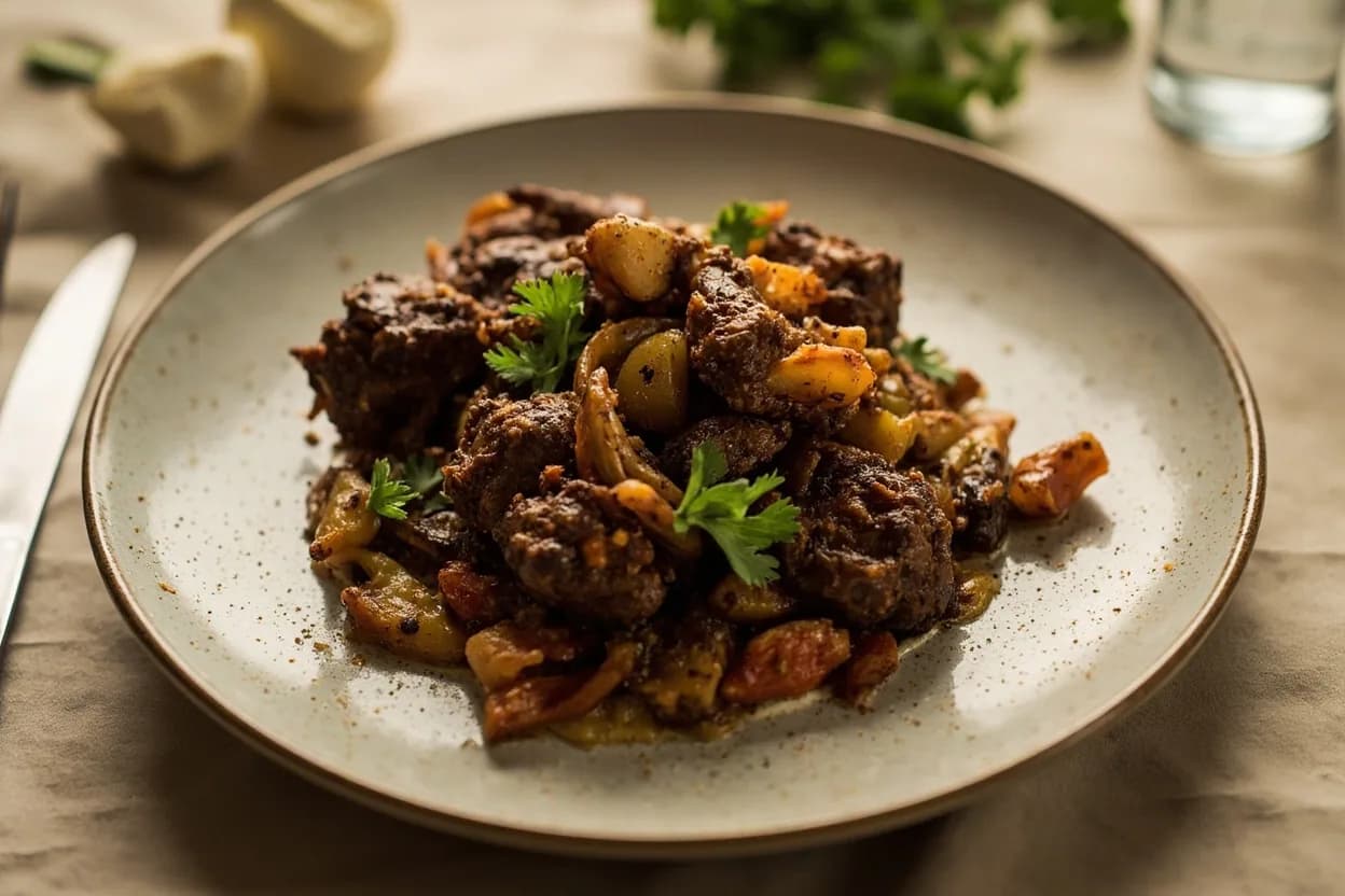 Ethiopian Tibs Cuts (Beef & Lamb) prepared the canonical way — Tibs firfir (sautéed meat shredded into injera). Trim all silverskin and hard external fat, leaving only the lean muscle mass. Cut into even 2–3 cm cubes — uniformity is critical so all pieces finish at the same moment.