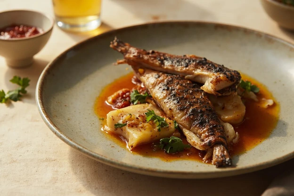Fish Collar Separation (Coastal East African) prepared the canonical way — Grilled samaki (Swahili coastal fish). After gutting and scaling the fish, position the knife at a 45-degree angle just behind the gill plate, angling the cut toward the head to maximize meat retention on the collar.