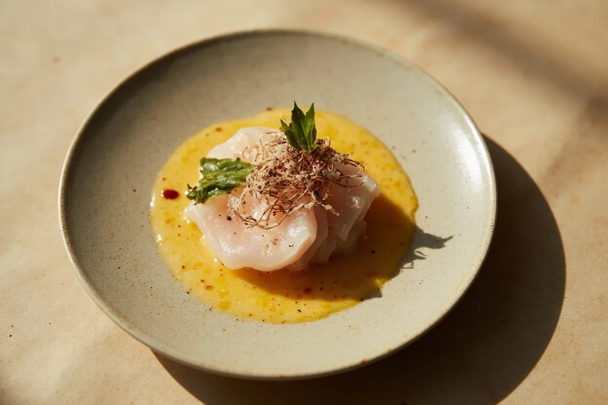 Fish Loin for Tiradito / Sashimi-Style Slicing prepared the canonical way — Tiradito Nikkei. Source sushi-grade corvina or cobia; the fish must be impeccably fresh or properly frozen to -20°C for parasite kill.