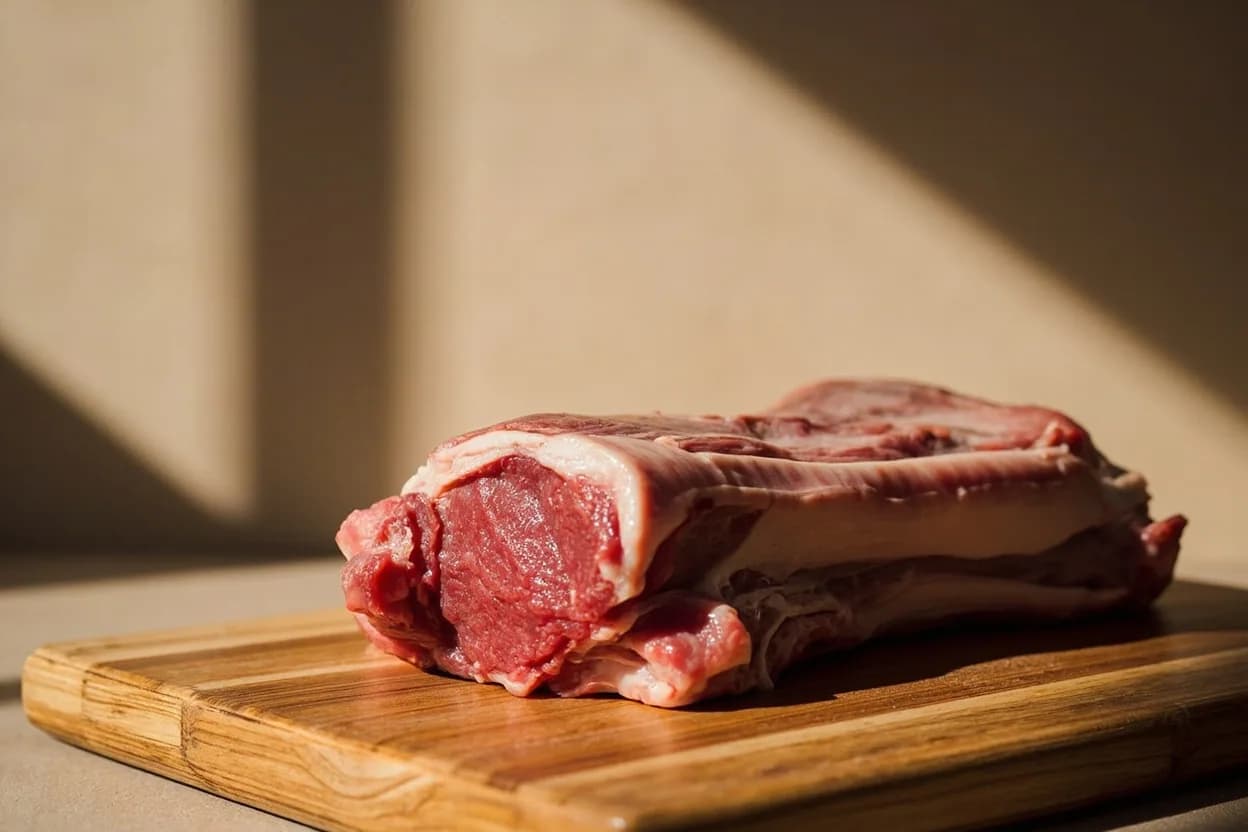 Goat — Whole Leg, Shoulder Chop & Curry Cut in its raw whole-cut form on a butcher's board — This entry covers three distinct but related goat cuts that share a common cooking logic — bone-in, braised or slow-cooked, with the bone as a structural and flavour contributor. Identifying traits: Bone-in throughout — the bone imparts gelatin and depth to cooking liquid, Denser muscle fibre than lamb; responds poorly to quick high-heat cooking, Distinctly earthy, mineral flavour profile compared to sweeter lamb.