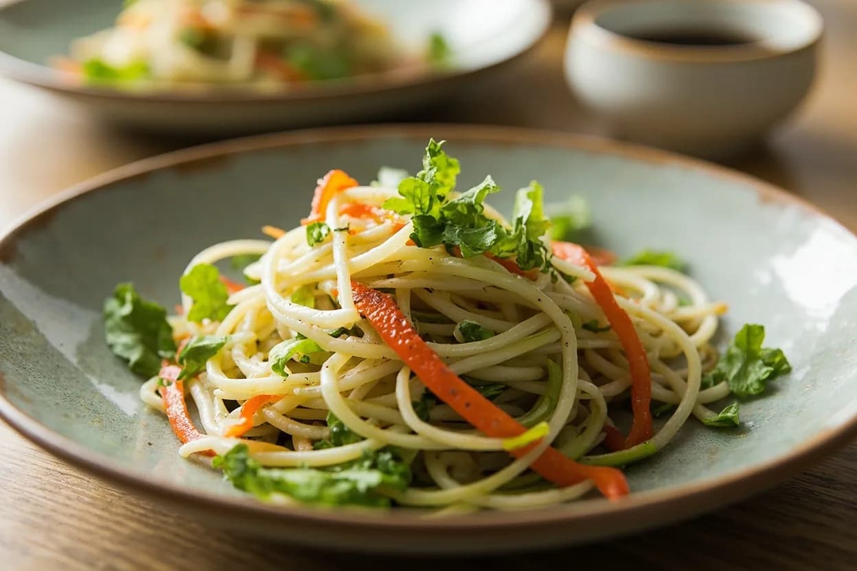 Green Papaya Julienne (Som Tum) prepared the canonical way — Som tum Thai (ส้มตำไทย). Select a fully green, rock-hard papaya. Peel completely with a Y-peeler or knife, removing all green skin to expose the white flesh.