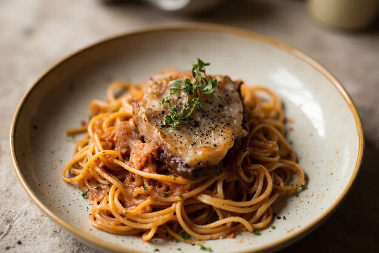 Guanciale (Pork Jowl) prepared the canonical way — Spaghetti alla carbonara. Cut into lardons (matchstick batons, 5–7 mm): start in a cold pan over medium heat so the fat renders slowly before the exterior crisps