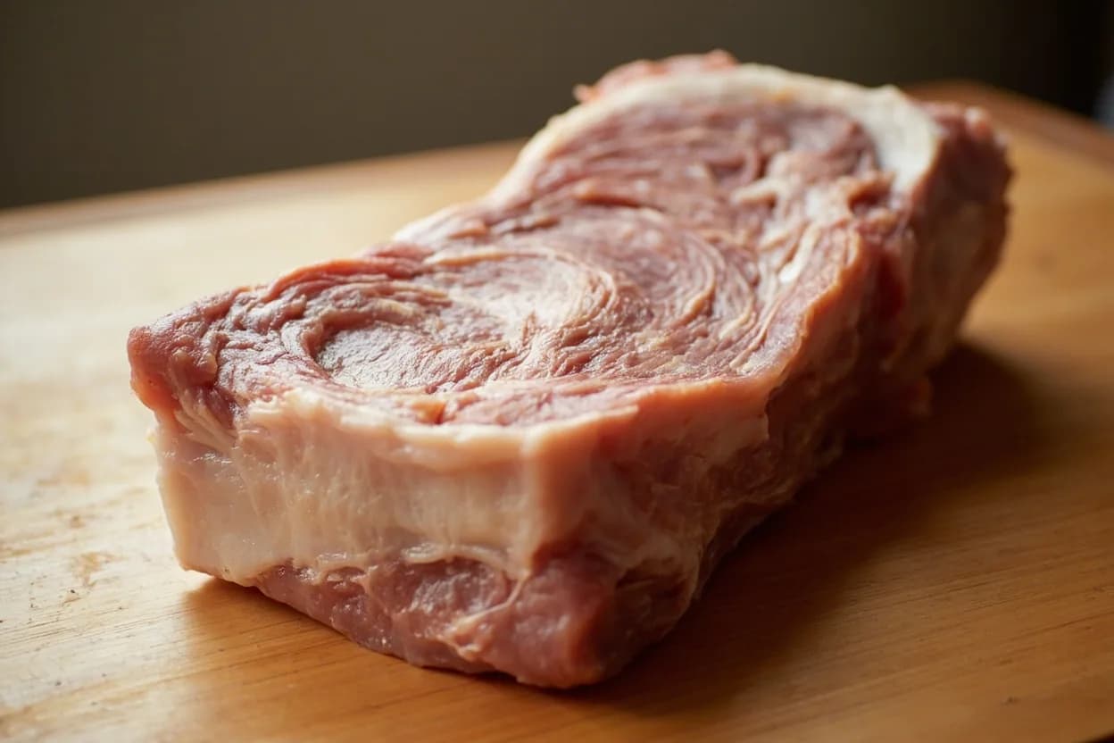 Ibérico Pig Primal Cuts in its raw whole-cut form on a butcher's board — The Ibérico pig (Sus scrofa domesticus, Iberian breed) is genetically predisposed to deposit fat within its muscle tissue rather than primarily subcutaneously. Identifying traits: Jamón ibérico (rear leg): the world's most celebrated cured ham, air-dried 24–48 months; bellota grade has a nutty, complex, almost fruity flavor, Paleta (front leg): anatomically similar to jamón but from the shoulder; lower price, similar cure, more fibrous texture, Secreto (hidden cut): thin, broad seam of heavily marbled meat between the shoulder blade and the external fat layer; cooks in under 4 minutes.