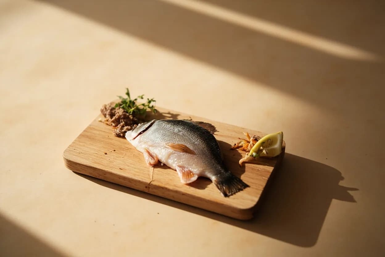 Ikejime (Brain-Spike Kill & Spinal Cord Draw) in its raw whole-cut form on a butcher's board — Ikejime is a precise fish-dispatch protocol originating in Japan that kills the fish instantly via a brain spike (ike) and then draws a wire through the spinal canal to destroy the central nervous sy… Identifying traits: Eliminates stress-induced cortisol and adrenaline release that degrade flesh quality, Halts ATP breakdown cascade, delaying rigor mortis by hours to days depending on species, Produces clearer, more transparent flesh with minimal lactic acid cloudiness.