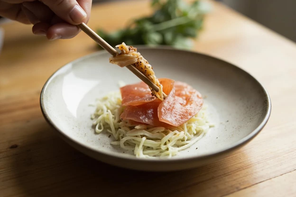 Katsura-muki (Rotary Sheet Peeling) prepared the canonical way — Sashimi moriawase (assorted sashimi platter) — daikon ken base. Peel the daikon and cut a cylinder 12–15 cm long with perfectly square ends.