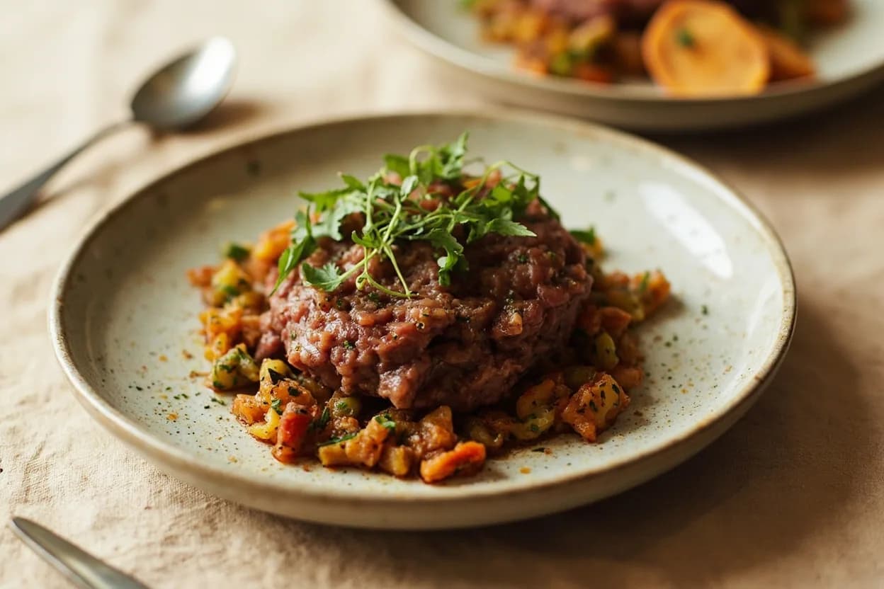 Kitfo Fine Mince (Ethiopian Raw Beef Tartare) prepared the canonical way — Kitfo (tere — fully raw). Select the cut: tenderloin for maximum luxury; top sirloin (trimmed entirely of fat) for the traditional version.