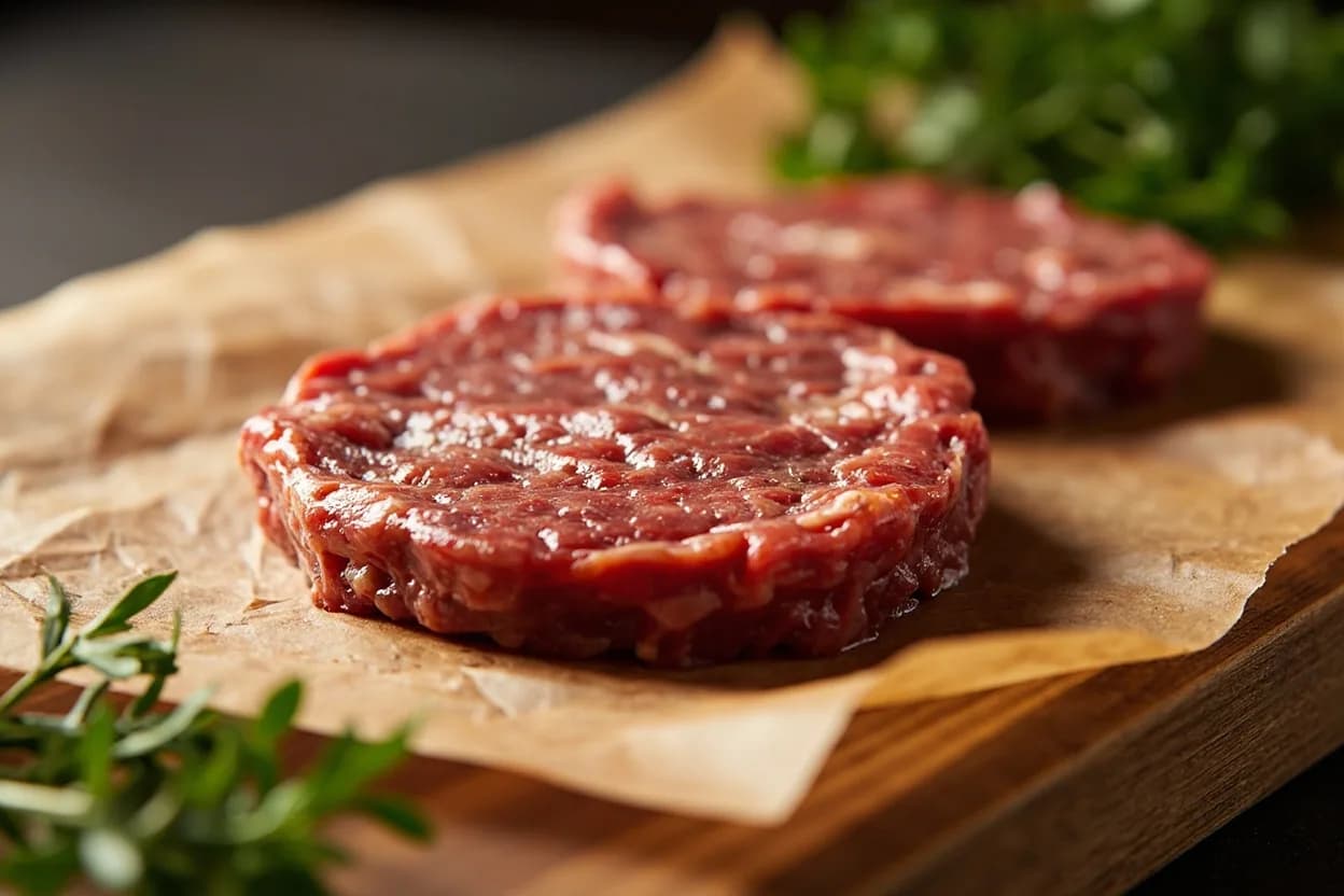 Kitfo Fine Mince (Ethiopian Raw Beef Tartare) in its raw whole-cut form on a butcher's board — Kitfo is Ethiopia's exalted raw (or lightly warmed) beef preparation — equivalent in cultural prestige to steak tartare or carpaccio. Identifying traits: Uniform fine grain — no pieces larger than 4–5 mm in any dimension, Deep red colour with no grey or brown oxidation (freshness indicator), Barely cohesive: the mince holds together when pressed but separates easily on the tongue.