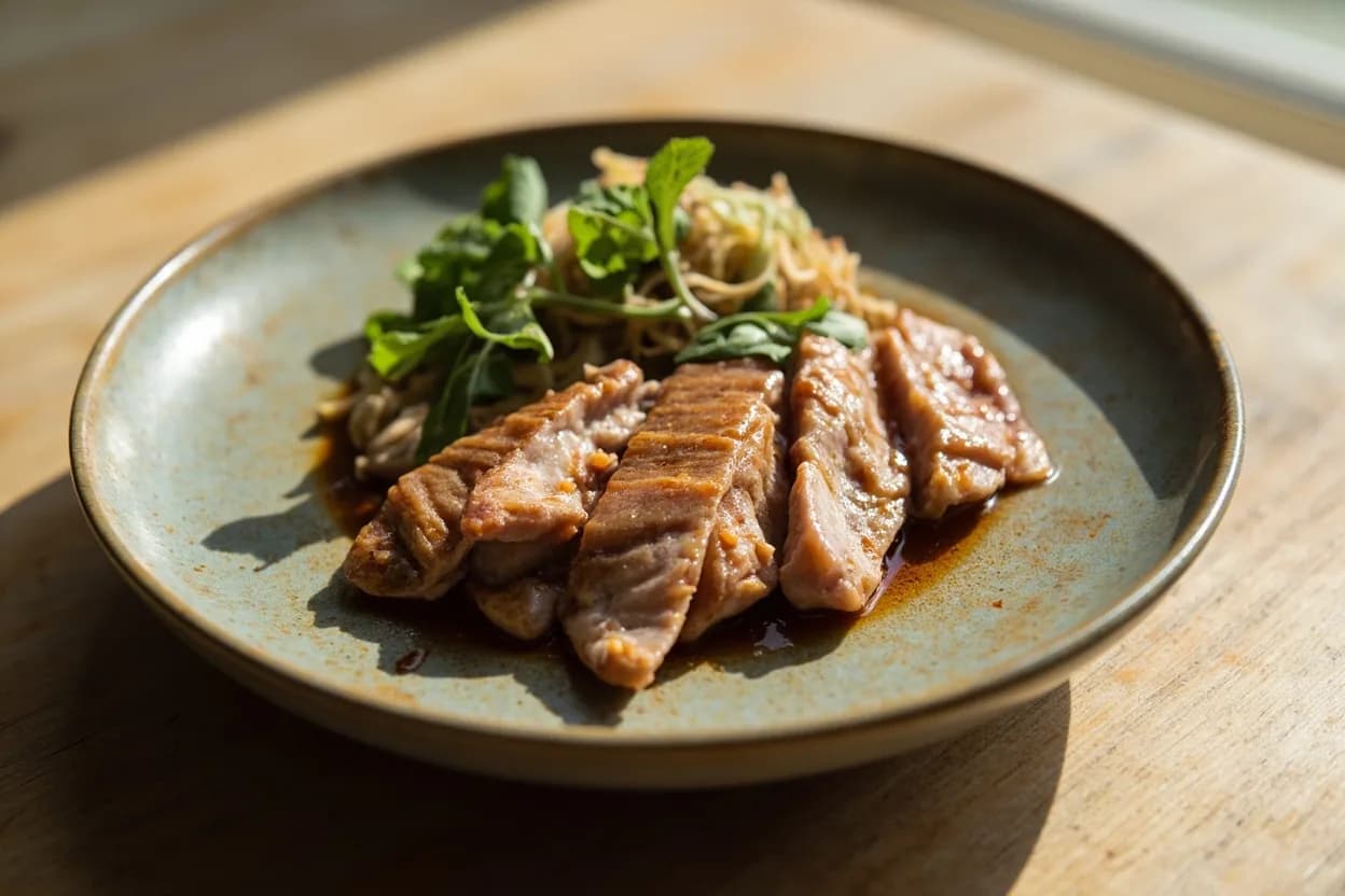 Korean Pork Cuts — Samgyeopsal & Moksal prepared the canonical way — Samgyeopsal-gui (삼겹살구이) — the defining Korean BBQ dish. SLICING SAMGYEOPSAL: Freeze the belly slab for 45–60 minutes until very firm (not fully frozen); slice on a deli slicer or with a sharp long knife against the grain at 5–7 mm. Each slice should show a clear layering of fat and lean. Portion 200–300 g per person.
