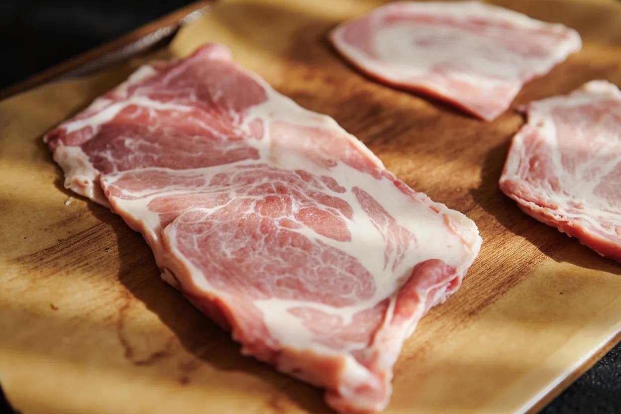 Korean Pork Cuts — Samgyeopsal & Moksal in its raw whole-cut form on a butcher's board — Korean barbecue culture has developed two dominant pork cuts, each prized for specific anatomical and gustatory reasons, and sliced to exacting thickness for the grill table (불판/bulpan). Identifying traits: Samgyeopsal sliced 5–8 mm thick for home or restaurant grilling; thicker cuts (10–12 mm) used for donggerang-ttaeng (round-cut) style, Moksal typically sliced 7–10 mm, slightly thicker than belly to account for denser muscle structure, Skin-on samgyeopsal (껍데기/kkeobdegi) is a regional specialty grilled until the skin blisters and crisps.