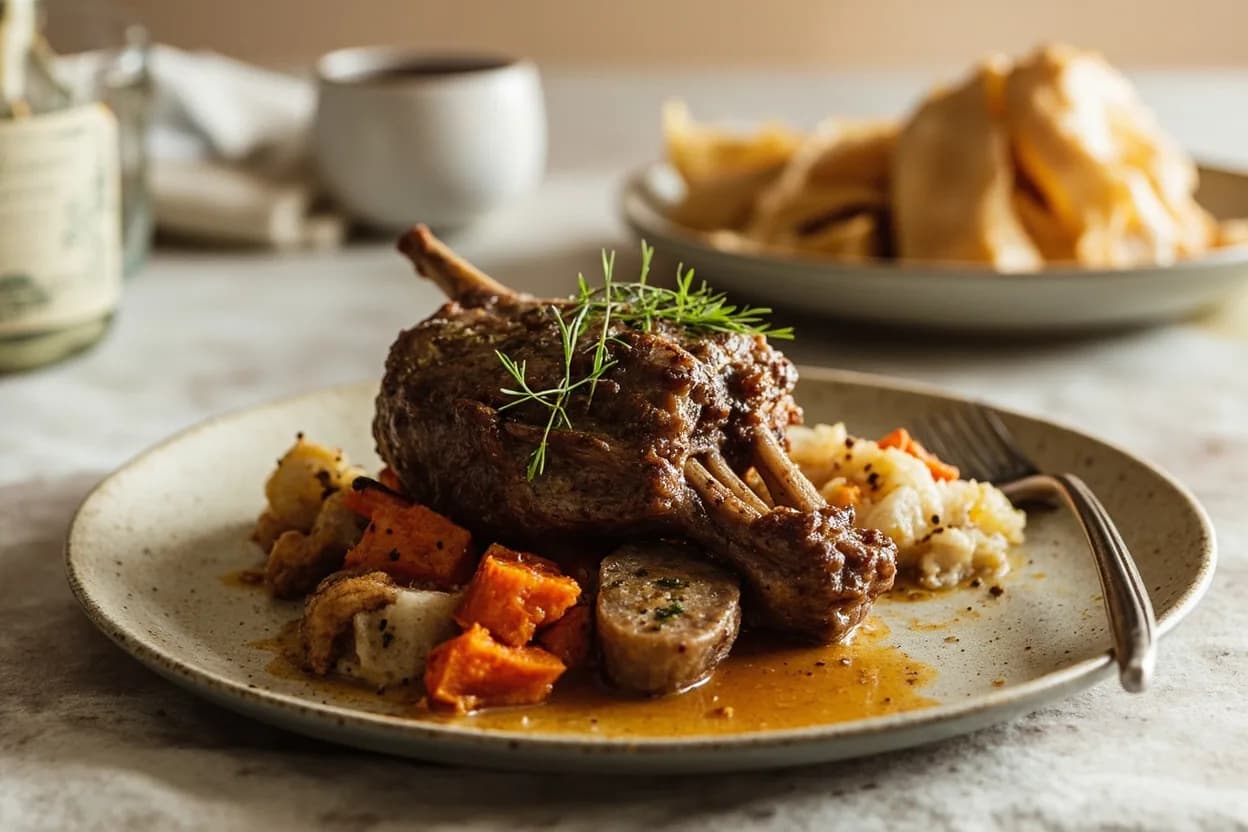 Lamb Leg — Bone-In vs. Butterflied (Gigot) prepared the canonical way — Gigot d'agneau à la Bretonne (with white beans). Bone-in roast: score the surface fat, stud with garlic and rosemary, rub with olive oil and salt. Roast at 220°C for 20 minutes, then reduce to 180°C and continue until internal temperature reads 60°C (medium-rare) at the thickest point — roughly 20 minutes per 500 g. Rest 20 minutes before carving.