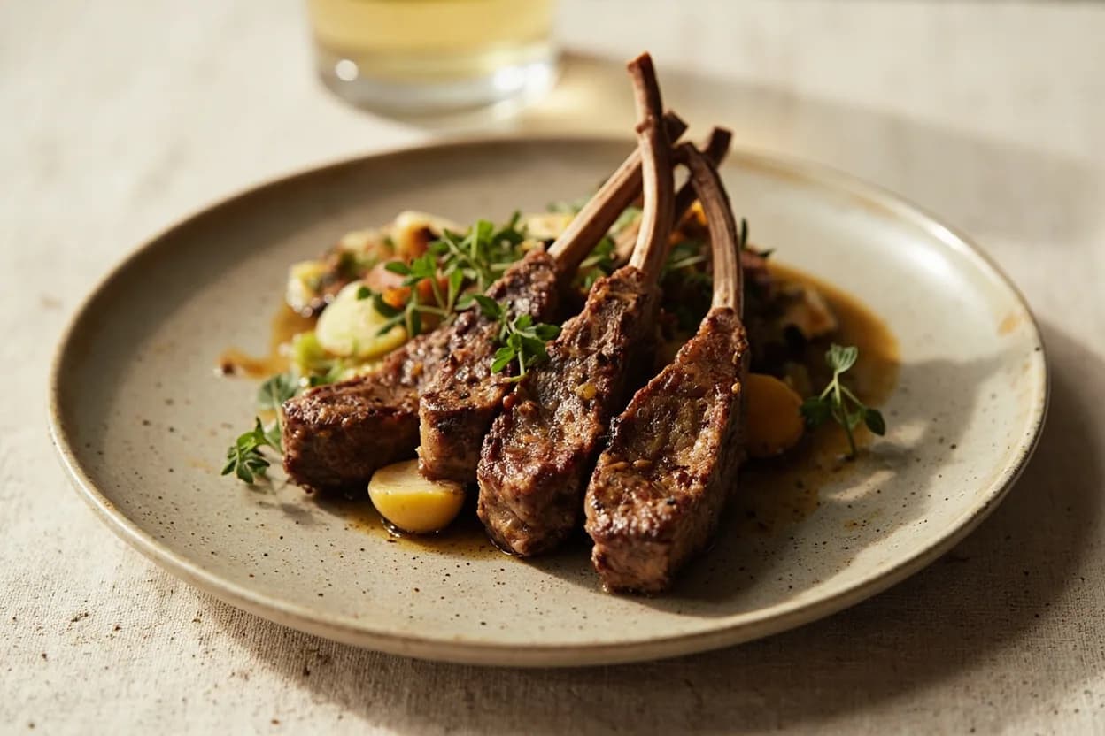 Lamb Rack — French Trim (Carré) prepared the canonical way — Rack of lamb with herb crust (persillade). Remove the rack from the refrigerator 30–40 minutes before cooking to temper.