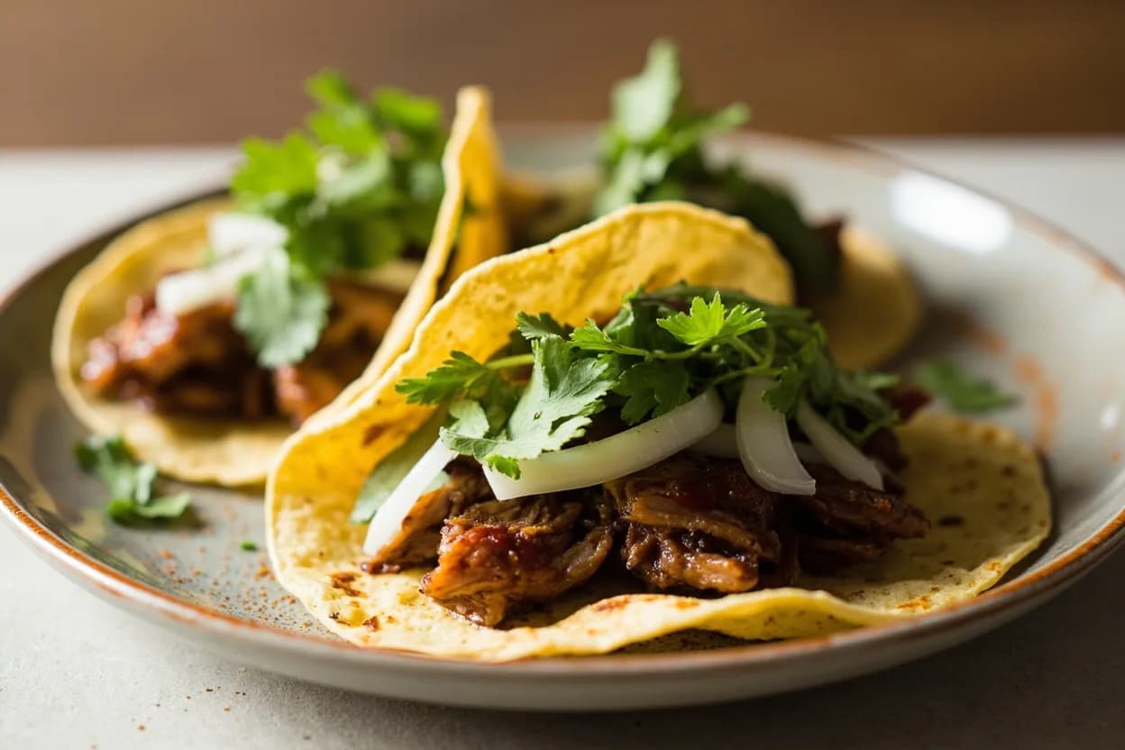 Maciza vs. Surtida (Carnitas Cuts) prepared the canonical way — Carnitas tacos (tacos de carnitas). Traditional carnitas: whole-pig parts are submerged in lard in a large copper cazo over an open flame and cooked at a low simmer (140–160°C oil temperature) for 3–4 hours until every part is tender.