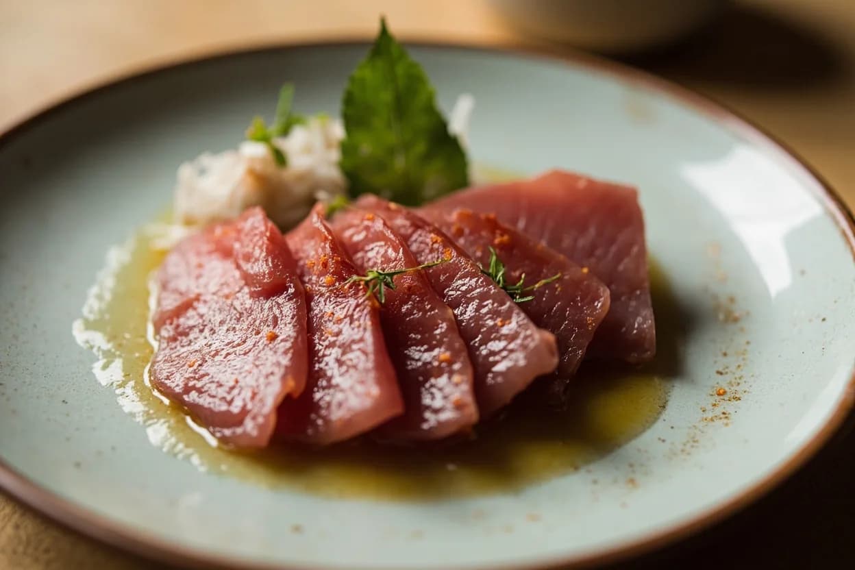 Maguro (Tuna) Primal Sections — Otoro, Chutoro & Akami prepared the canonical way — Otoro nigiri sushi. Receive the tuna loin or whole side at -60 °C (super-frozen) or freshly landed near 0 °C; thaw slowly under refrigeration (24–48 h) — never in water.