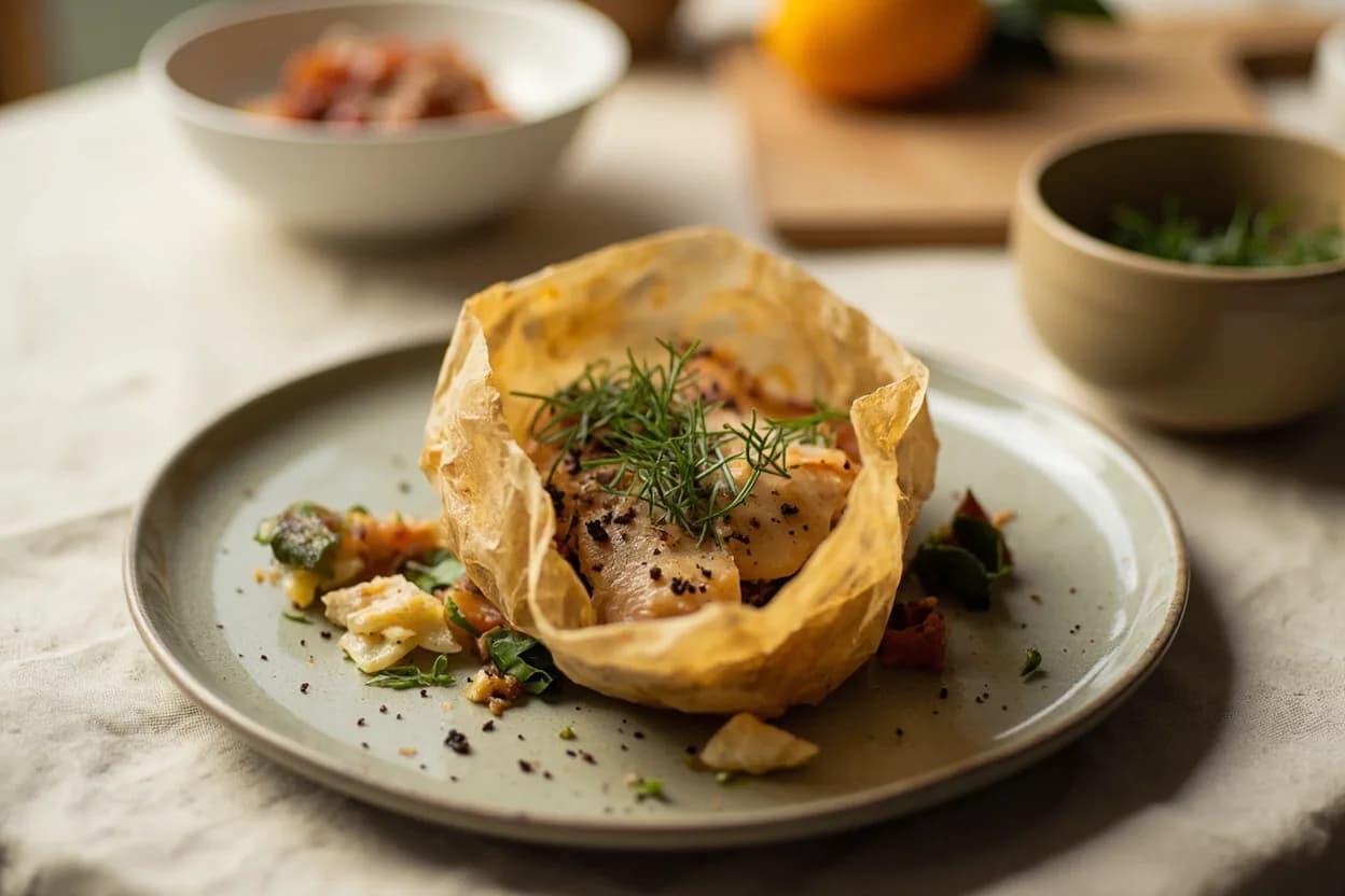 Matignon prepared the canonical way — Sole en papillote. Cut carrots, celery, and onion into a 5–8 mm dice, keeping all pieces as uniform as possible.