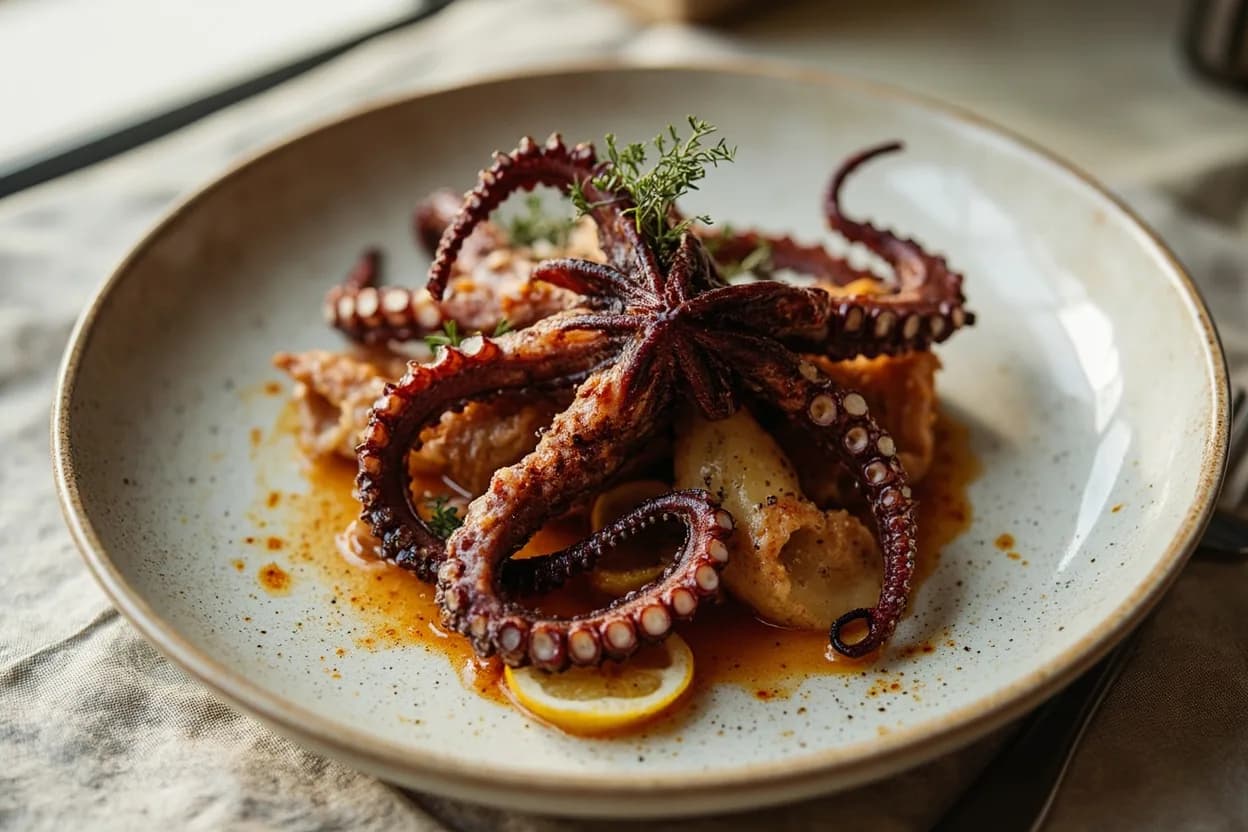Octopus Cleaning & Head-to-Mantle Separation prepared the canonical way — Pulpo a la gallega (Galician boiled octopus with paprika and olive oil). Freeze the whole octopus solid (at least 24 hours) then thaw in the refrigerator; freezing ruptures cell walls and significantly tenderizes the flesh.