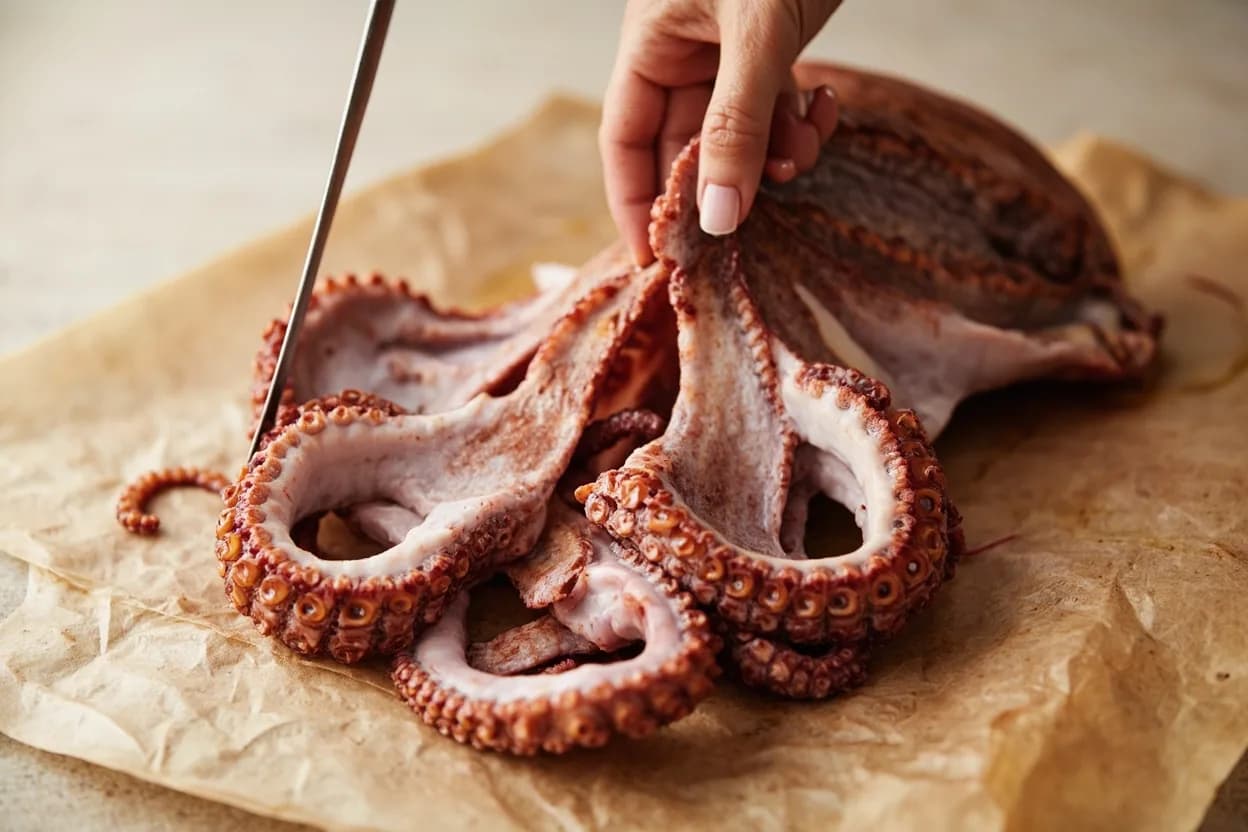 Where the octopus cleaning & head-to-mantle separation lives on the source. Octopus (Octopus vulgaris and related species) is a cephalopod mollusc.