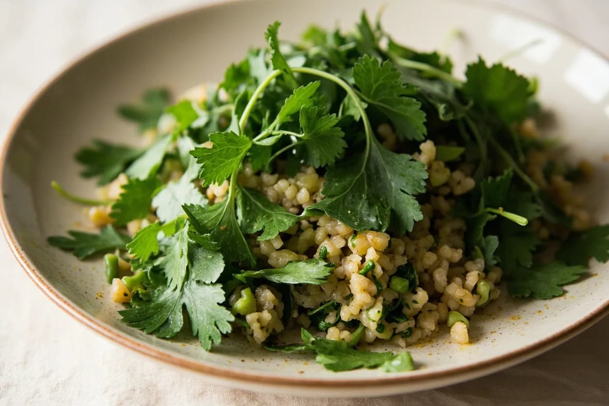 Parsley — Chiffonade vs. Rough Chop for Tabbouleh prepared the canonical way — Tabbouleh (tabouli, Lebanese and Syrian standard). Wash parsley in a basin of cold water, agitating to dislodge grit. Lift out — do not pour through a strainer, which forces grit back through the leaves.