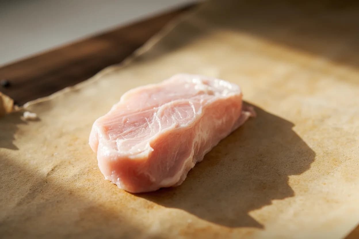 Paupiette / Fish en Paupiette in its raw whole-cut form on a butcher's board — A paupiette is a fillet of fish (or meat) that has been beaten or butterflied to an even thinness, spread with a mousseline or vegetable stuffing, then rolled into a compact cylinder and secured befo… Identifying traits: Thin, pliable fillet that rolls without cracking when properly prepared, Encloses a mousseline or vegetable duxelles filling, Self-basting: the roll retains steam and moisture during poaching.