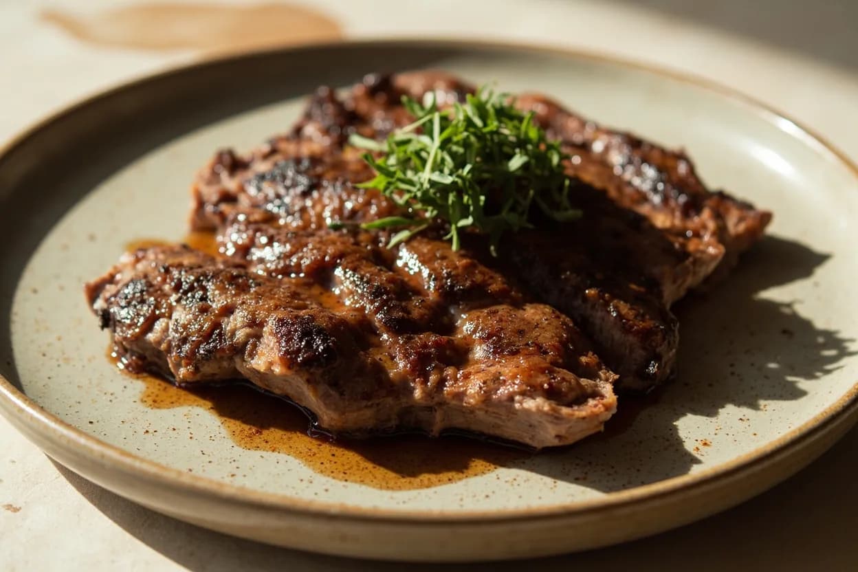 Peruvian Asado de Tira (Short Rib Cross-Cut) prepared the canonical way — Argentine asado (main course). GRILL METHOD: Bring to room temperature, season aggressively with coarse salt (and optionally ground cumin — standard in Peru). Build a hot two-zone fire; tira needs direct, very high heat. Grill 3–5 minutes per side for 1.5 cm strips — the goal is a deeply charred crust while the thin profile keeps the interior medium to medium-rare. Rest 3–4 minutes before cutting between bones for serving.