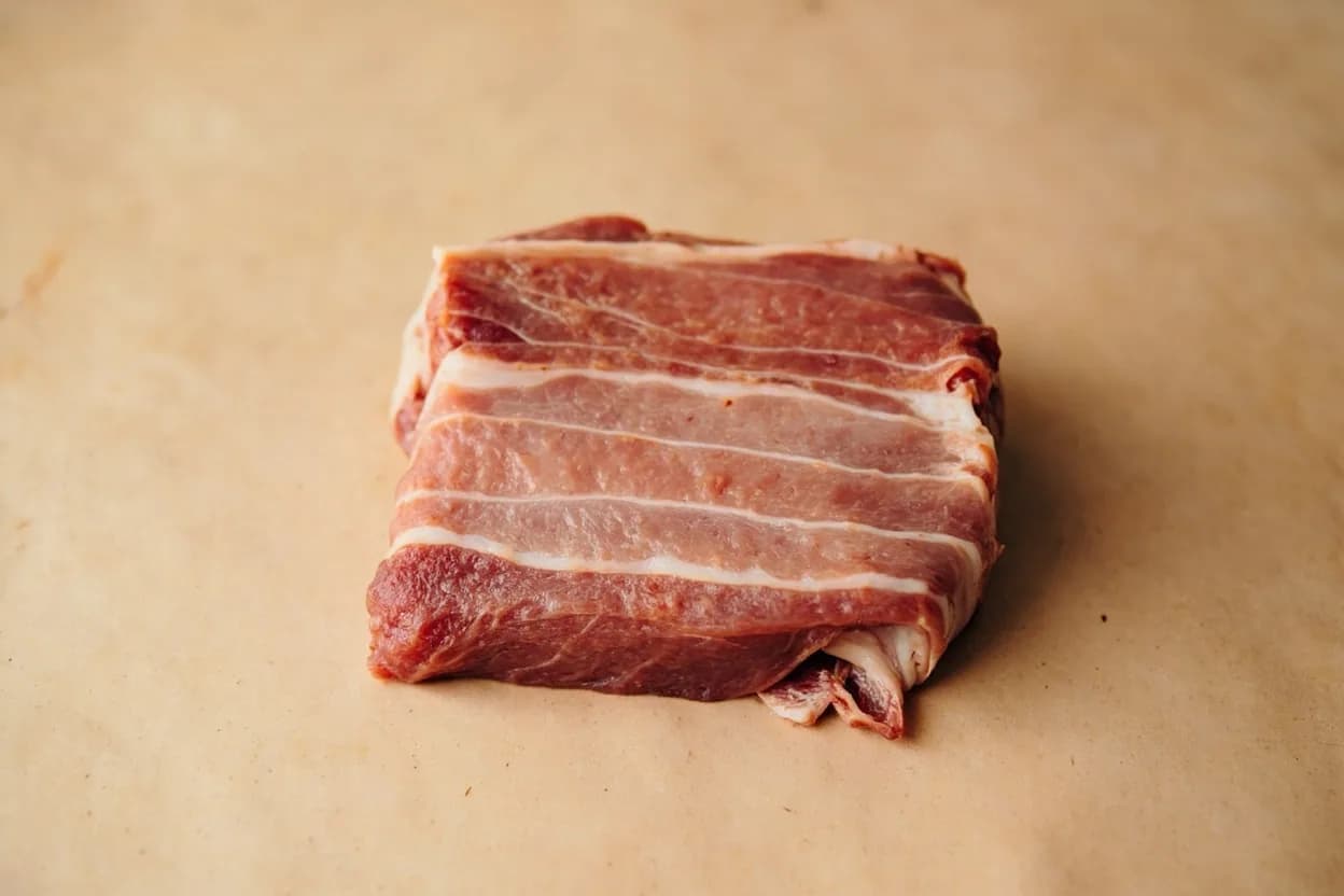 Where the pork belly — skin-on slab & cuts lives on the source. Sits below the loin primal on the underside of the carcass.
