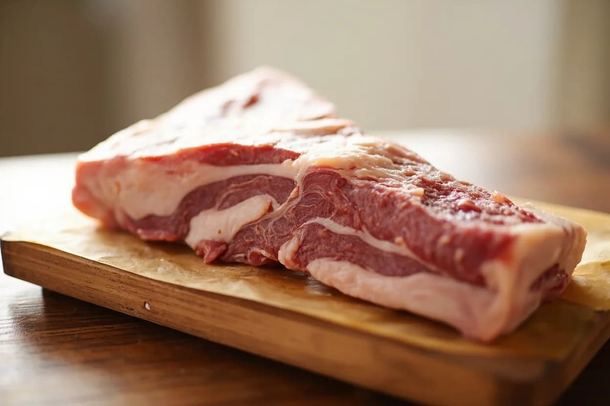 Pork Belly — Skin-On Slab & Cuts in its raw whole-cut form on a butcher's board — Pork belly (NAMP 408) is the unsplit ventral section of the pork carcass, running from the 5th rib to the hipbone. Identifying traits: Alternating strata of white fat and pink lean — the visible layer count is a quality marker (3–5 layers preferred), Skin (rind) provides a collagen-rich surface that crisps to crackling or renders to unctuous gelatin, Self-basting during cooking — the fat layers melt and continuously bathe the lean layers.