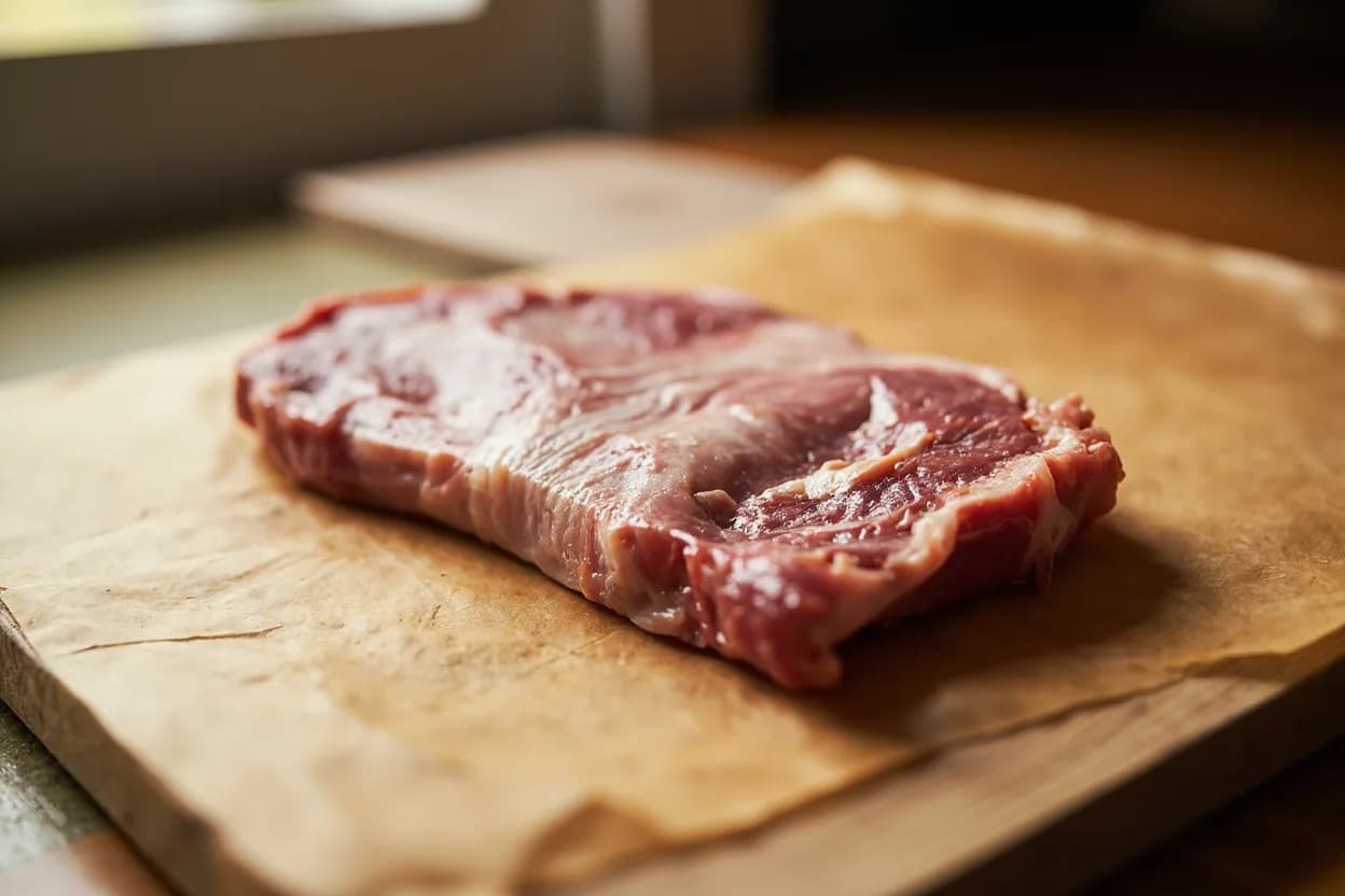Pork Collar — Thai Larb Slice (Moo Yang) in its raw whole-cut form on a butcher's board — Pork collar, called 'kor moo' (คอหมู) in Thai, is the muscle complex at the neck and upper shoulder, encompassing the cervical vertebrae muscles and blade-end neck muscles. Identifying traits: Dense marbling prevents drying under long, hot charcoal exposure, Close, firm grain holds 5–8 mm slice shape on a grill without falling apart, Rich pork fat flavour amplified by smoke and char without turning rancid.