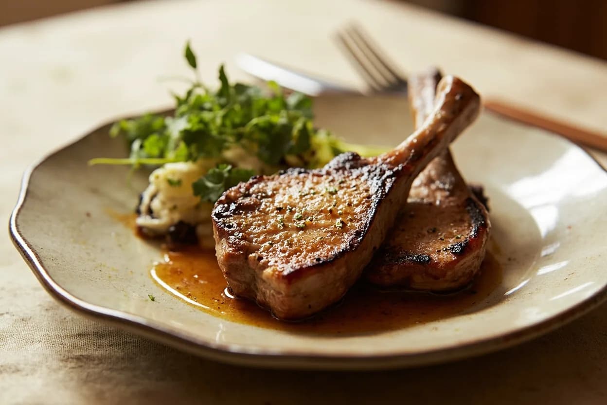 Pork Loin — Sirloin End, Rib End & Center Cut prepared the canonical way — Crown roast of pork. For center-cut chops (1–1.5 in thick): pat dry, season generously, sear in cast iron at high heat 3–4 min per side, rest before slicing. Internal temp 140–145°F (60–63°C) for a blush of pink.