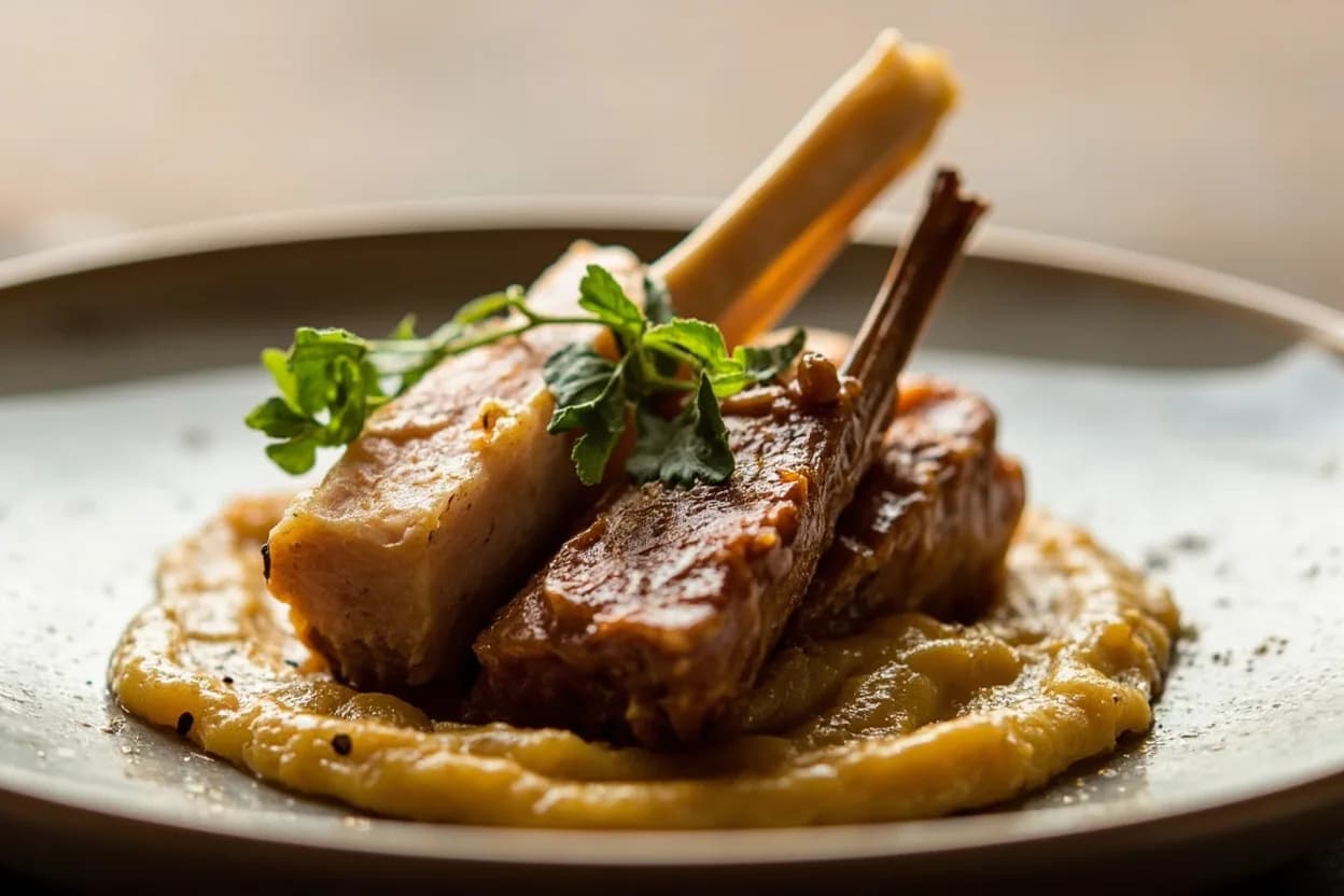 Pork Spare Rib Membrane Removal prepared the canonical way — Kansas City-style smoked spare ribs. Lay the rack bone-side up on a cutting board. Identify the membrane: it is the semi-translucent, tight-fitting sheet covering the exposed bone ends and the concave side of the rack.