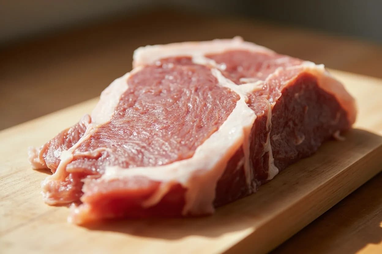 Pork Spare Rib Membrane Removal in its raw whole-cut form on a butcher's board — The pleura is a thin but dense sheet of connective tissue — primarily elastin and collagen — that lines the inner rib cage on the thoracic (bone-facing) side of a rack of spare ribs. Identifying traits: Elastin-dominant — does not gelatinize or soften with cooking heat, Acts as a moisture and smoke vapor barrier on the bone side of the rack, Prevents rub adhesion and bark formation on the bottom of the rack.