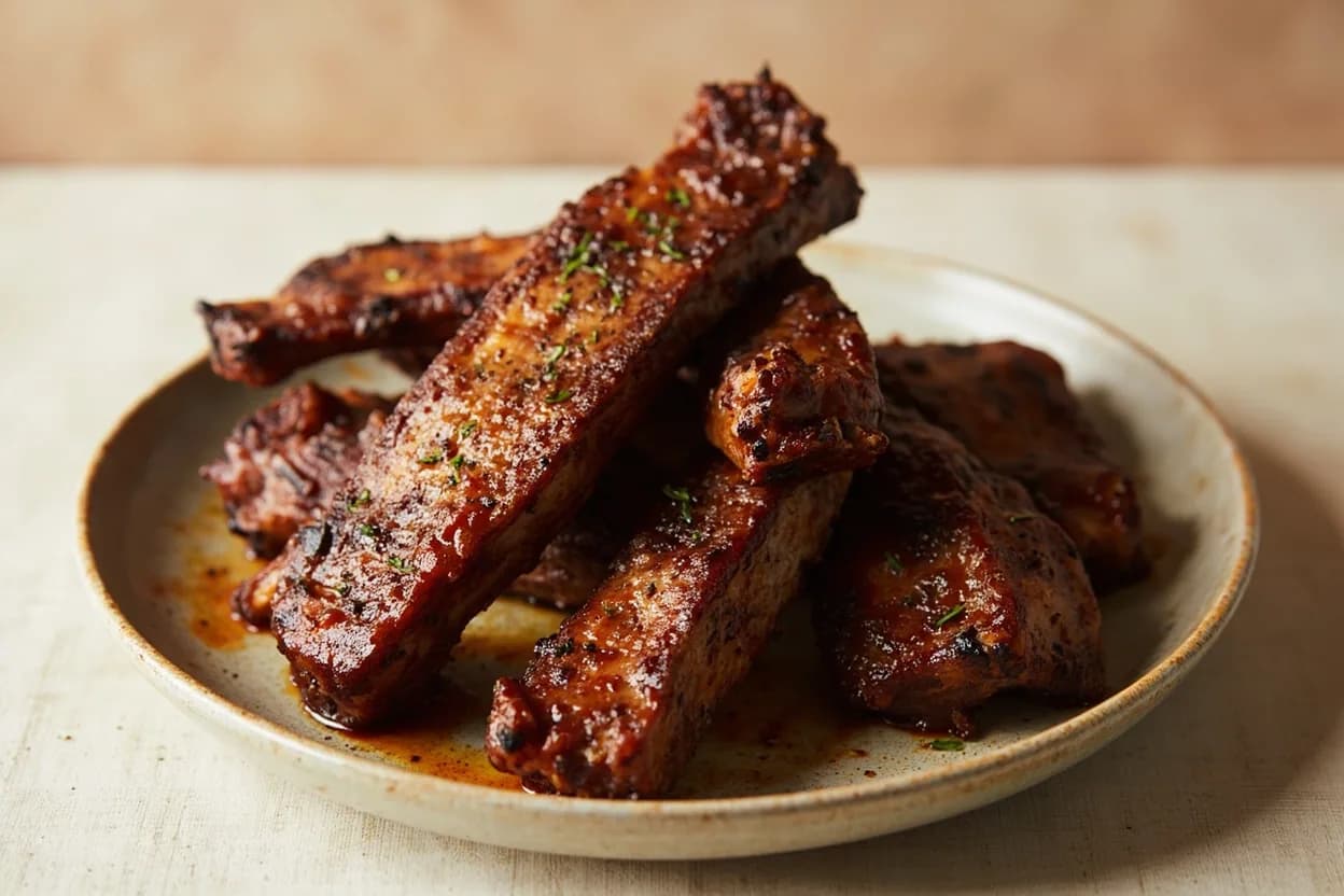 Pork Spare Ribs — St. Louis Cut vs. Full Rack prepared the canonical way — American BBQ smoked spare ribs. St. Louis trim: lay the full rack bone-side up. Find where the sternum cartilage (yielding, white) meets the last rib bone. Cut along this line from the short end to the long end, keeping the knife parallel to the bone rack. Remove the skirt flap from the bone-side. The removed section is the rib tips — cook separately.