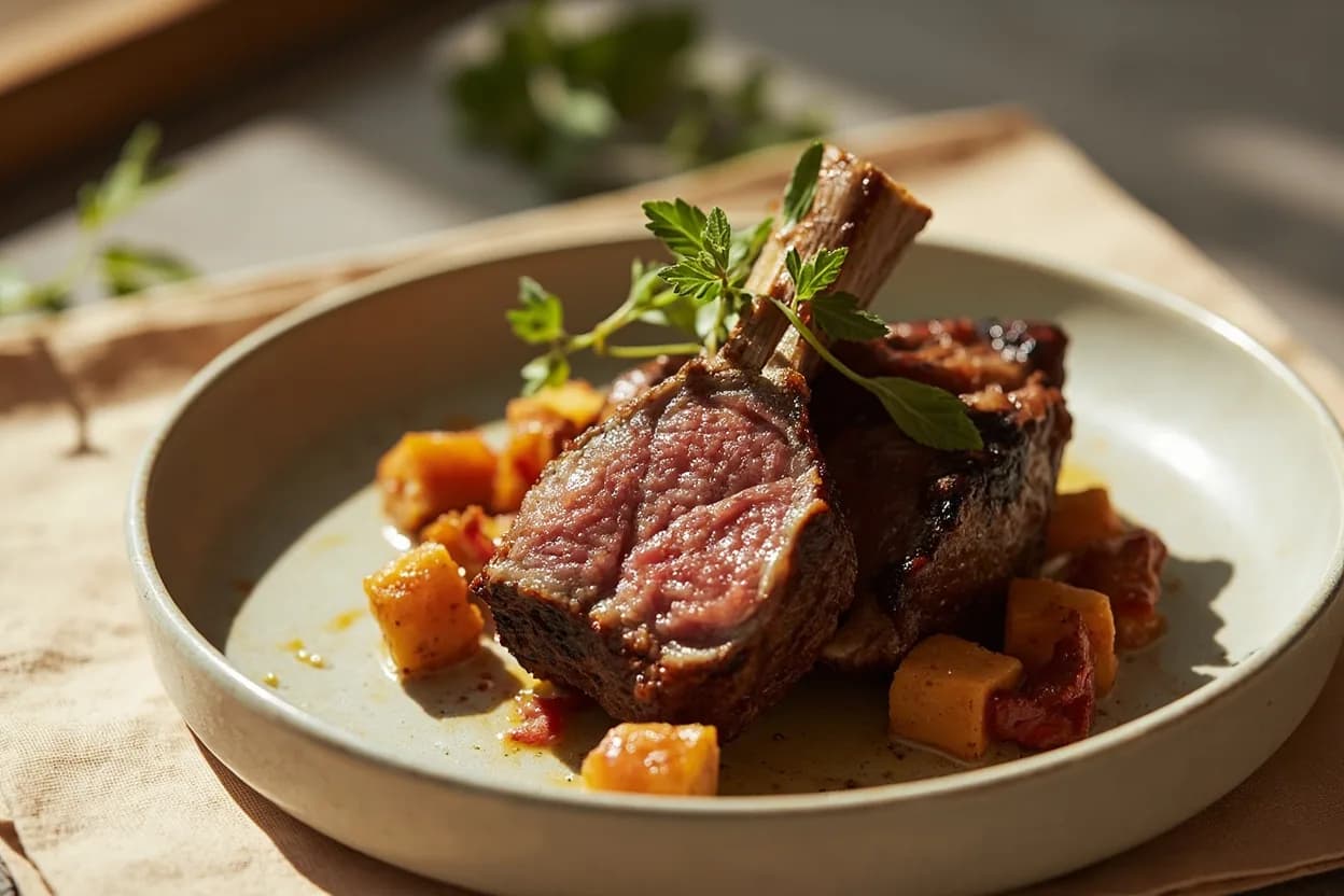 Presa Ibérica prepared the canonical way — Presa ibérica a la brasa (Extremaduran wood-grill restaurants). Remove from the refrigerator 30–45 minutes before cooking to temper; presa is thick and benefits from even internal temperature.
