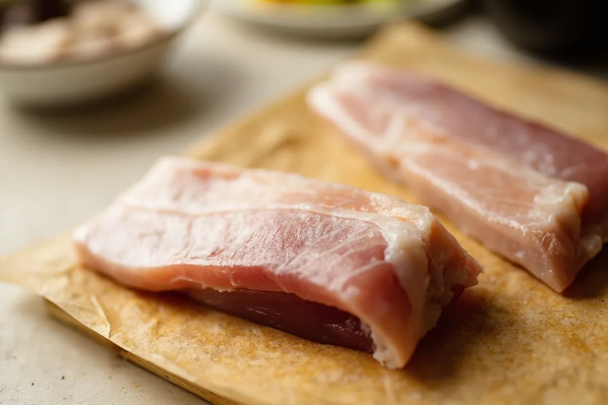 Round Fish Filleting (Flat Fillet & Pin-Bone Removal) in its raw whole-cut form on a butcher's board — Round fish filleting produces two mirror-image fillets — one from each side of the fish — by making a series of cuts along the dorsal and ventral edges and running the blade along the backbone from h… Identifying traits: Boneless (when pin bones fully removed) for clean eating, Flat, even thickness once pin-bone ridge is removed or butterflied, Skin can be left on for crisping or removed for tartare and poaching.