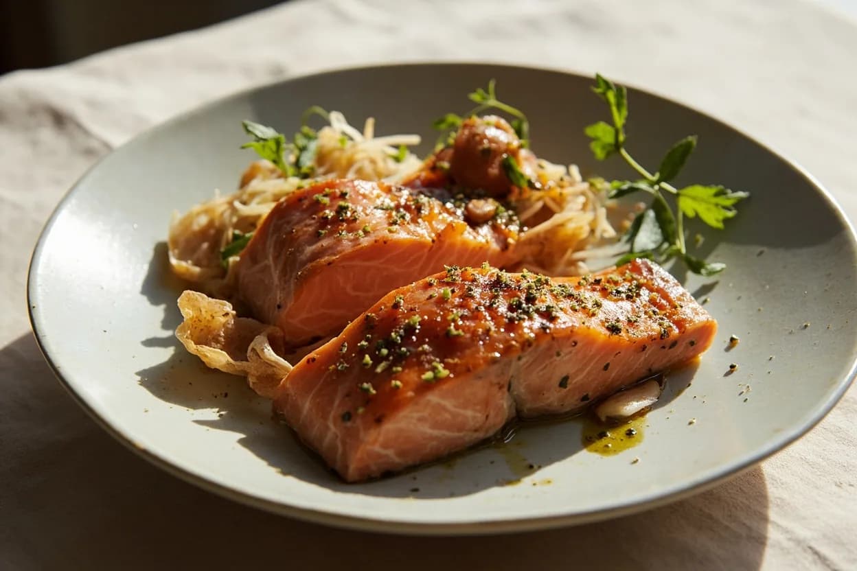 Salmon Breakdown — Collar, Loin, Belly & Tail Portioning prepared the canonical way — Gravlax. Lay the whole salmon on a cutting board, head right. Make a deep cut behind the pectoral fin to free the collar, angling toward the backbone; sever cleanly with a single decisive stroke.