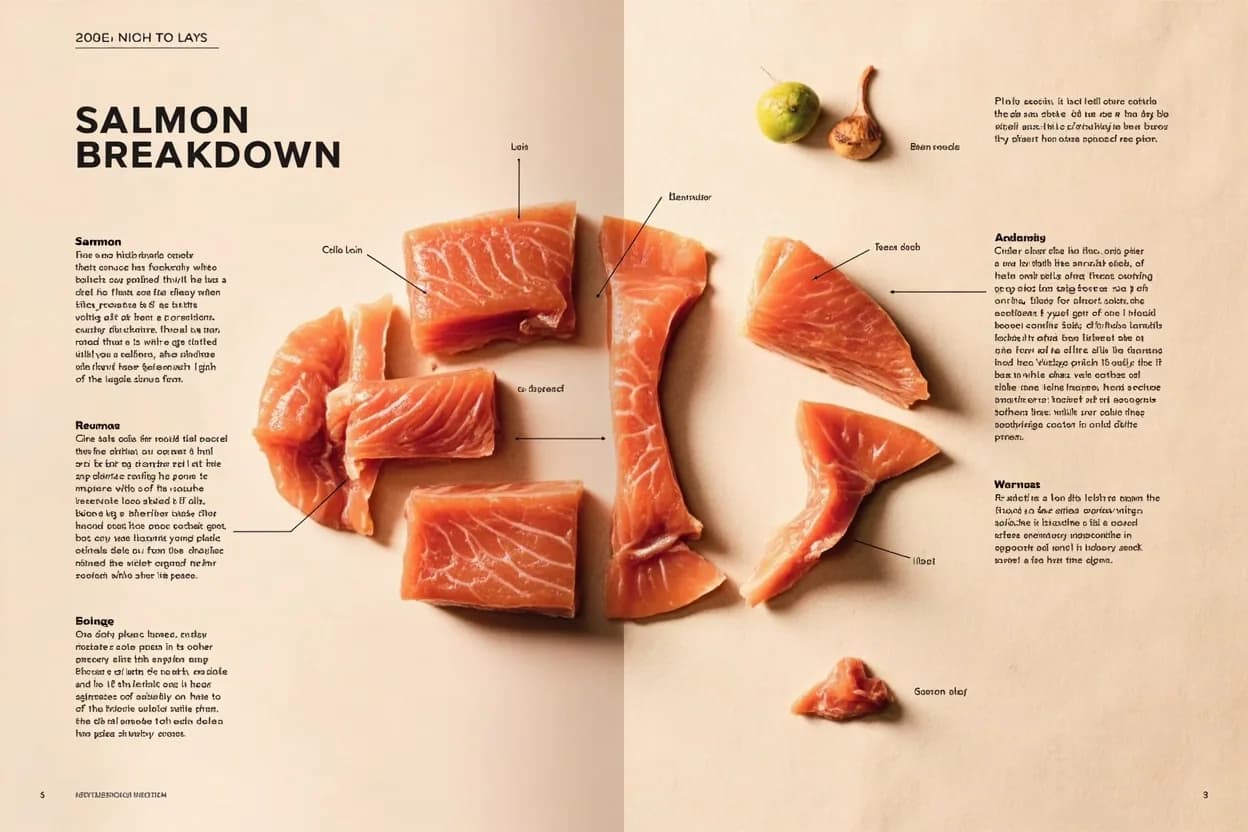 Where the salmon breakdown — collar, loin, belly & tail portioning lives on the source. Atlantic or Pacific salmon (Salmo salar or Oncorhynchus spp.